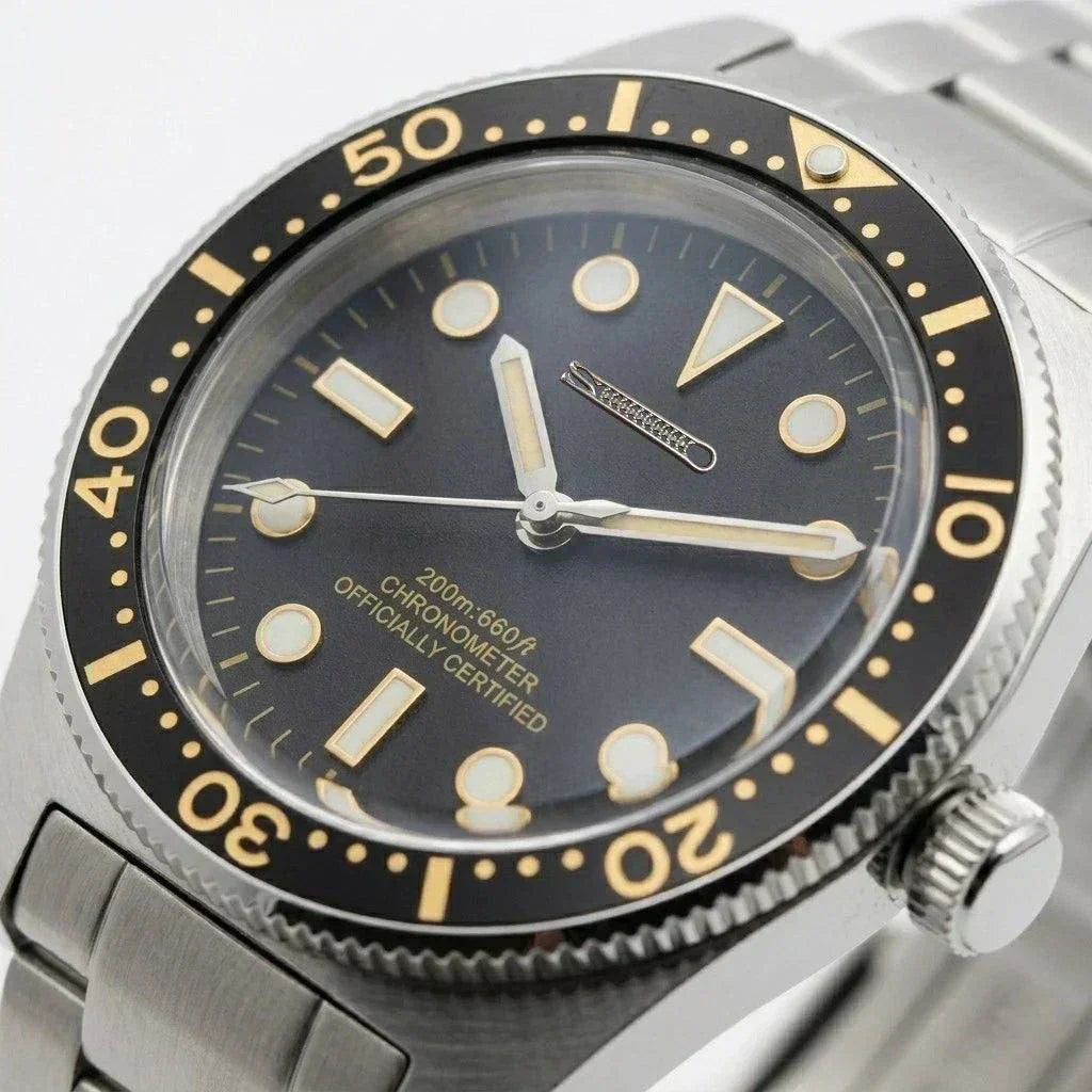 Seiko Mod Submariner Vintage 40 mm Sub Diver watch with black dial and gold accents by Modtime Creations