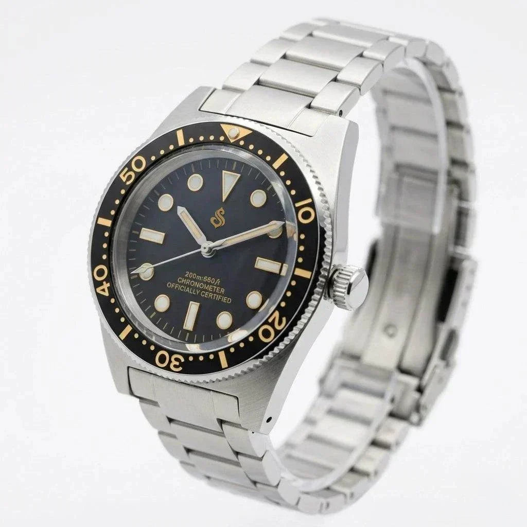 Seiko Mod Submariner Vintage 40 mm Sub Diver watch with black dial and gold accents by Modtime Creations