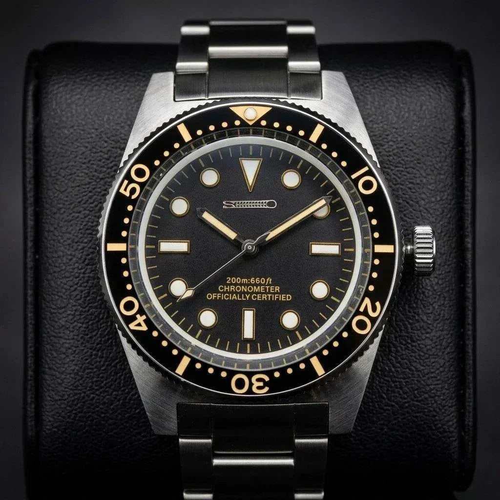 Seiko Mod Submariner Vintage 40 mm Sub Diver watch with black dial and gold accents by Modtime Creations