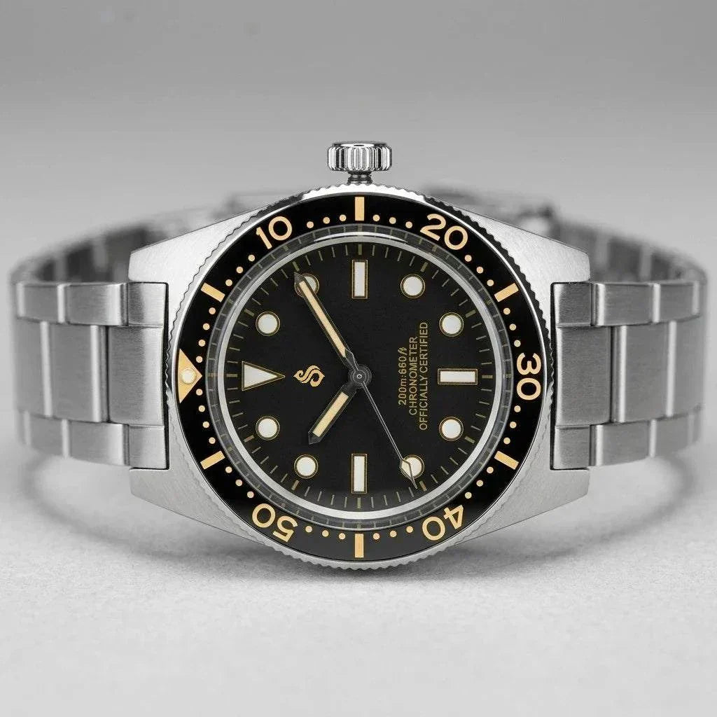 Seiko Mod Submariner Vintage 40 mm Sub Diver watch with black dial and gold accents by Modtime Creations