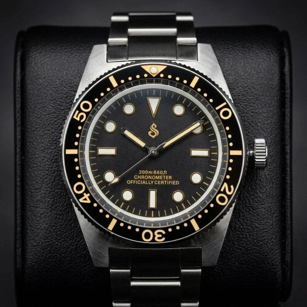 Seiko Mod Submariner Vintage 40 mm Sub Diver watch with black dial and gold accents by Modtime Creations
