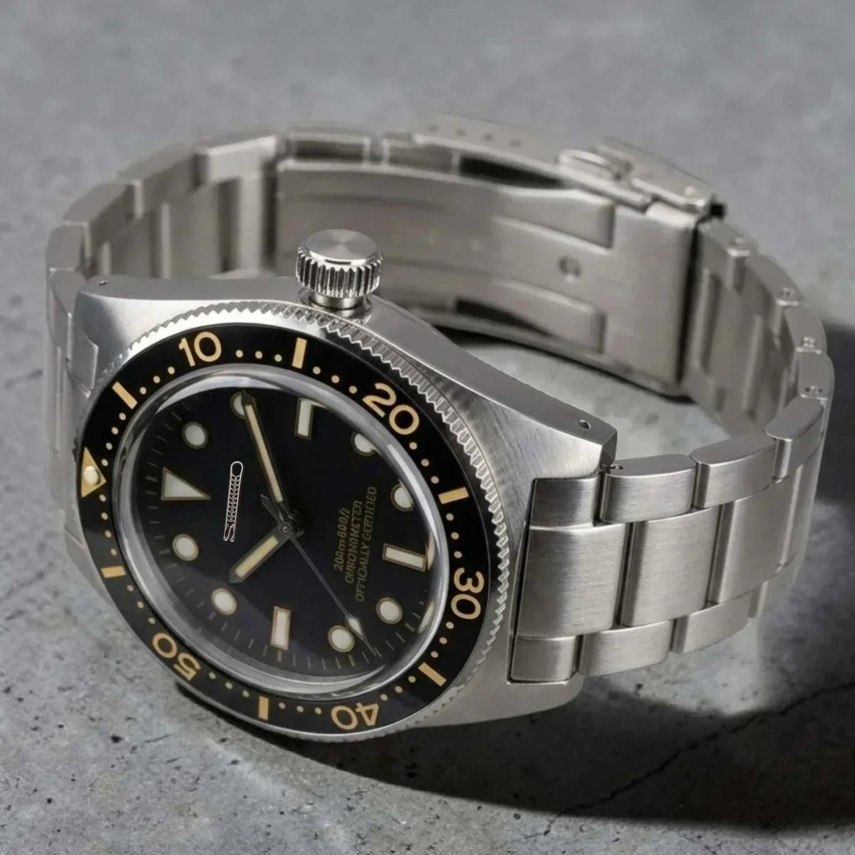 Seiko Mod Submariner Vintage 40 mm Sub Diver watch with black dial and gold accents by Modtime Creations