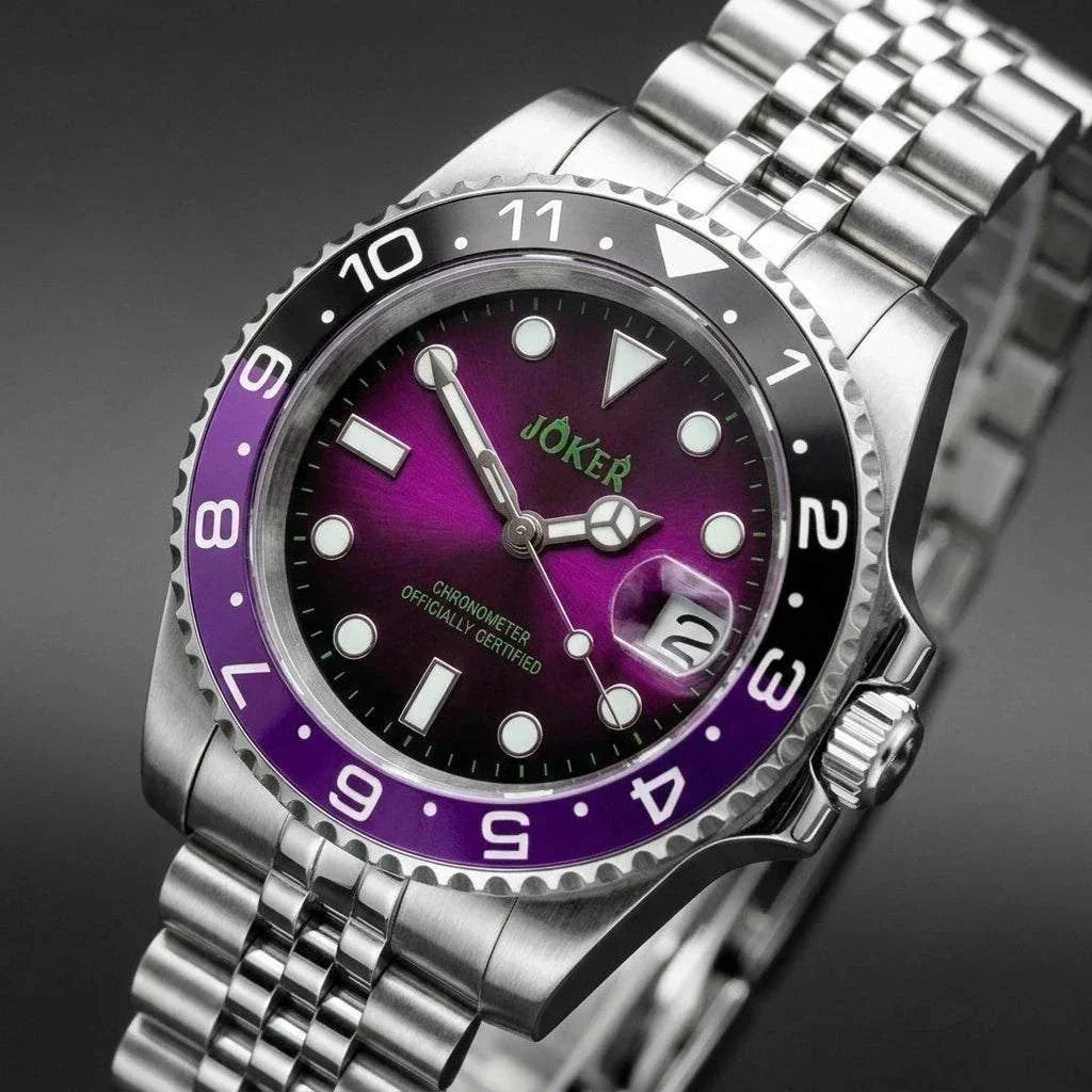 Seiko Mod Submariner purple and black Joker-themed diver watch with sapphire crystal and NH35 automatic movement at modtime creations