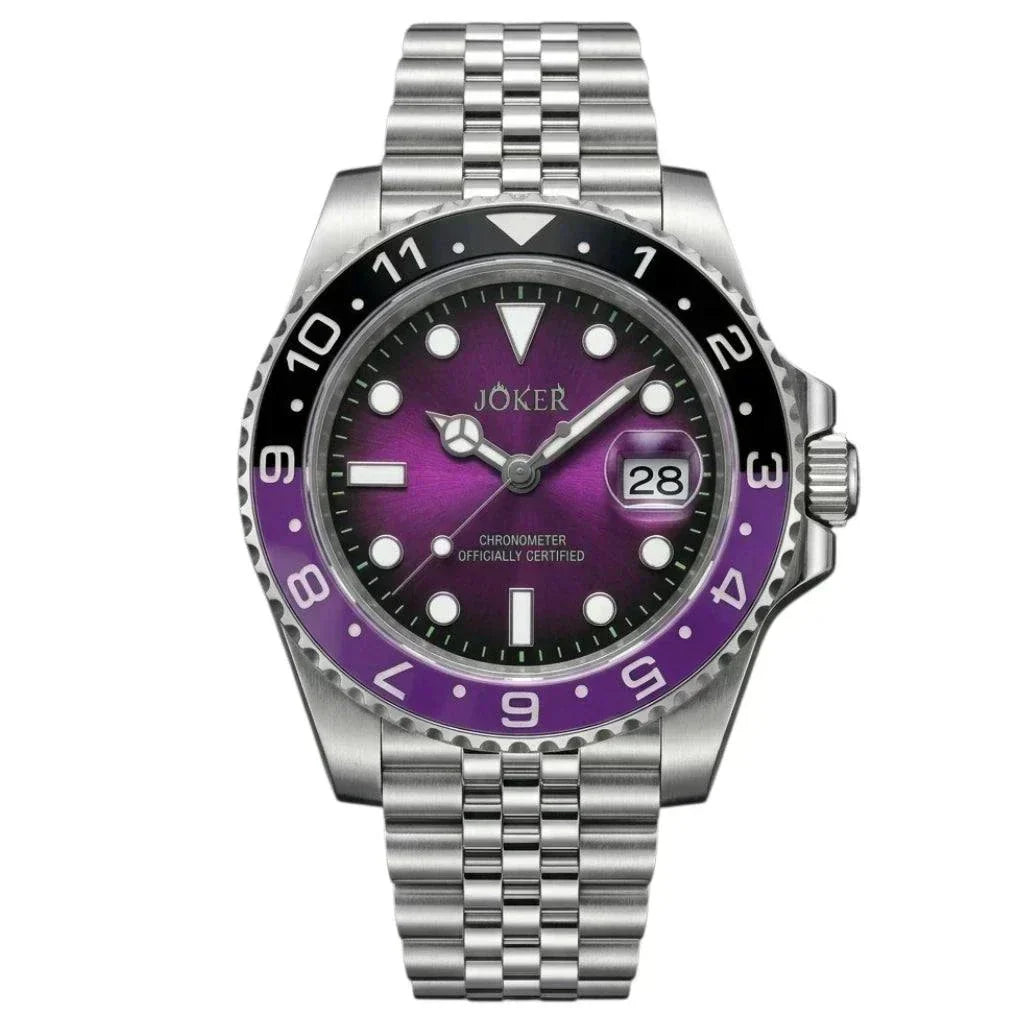Seiko Mod Submariner purple and black Joker-themed diver watch with sapphire crystal and NH35 automatic movement at modtime creations