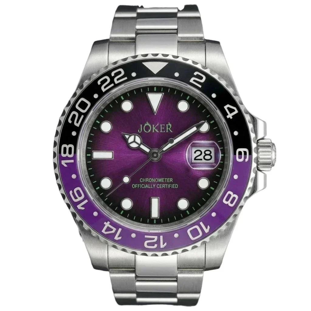Seiko Mod Submariner purple and black Joker-themed diver watch with sapphire crystal and NH35 automatic movement at modtime creations