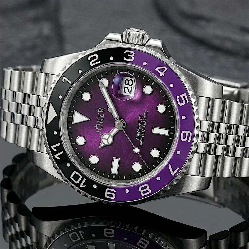 Seiko Mod Submariner purple and black Joker-themed diver watch with sapphire crystal and NH35 automatic movement at modtime creations