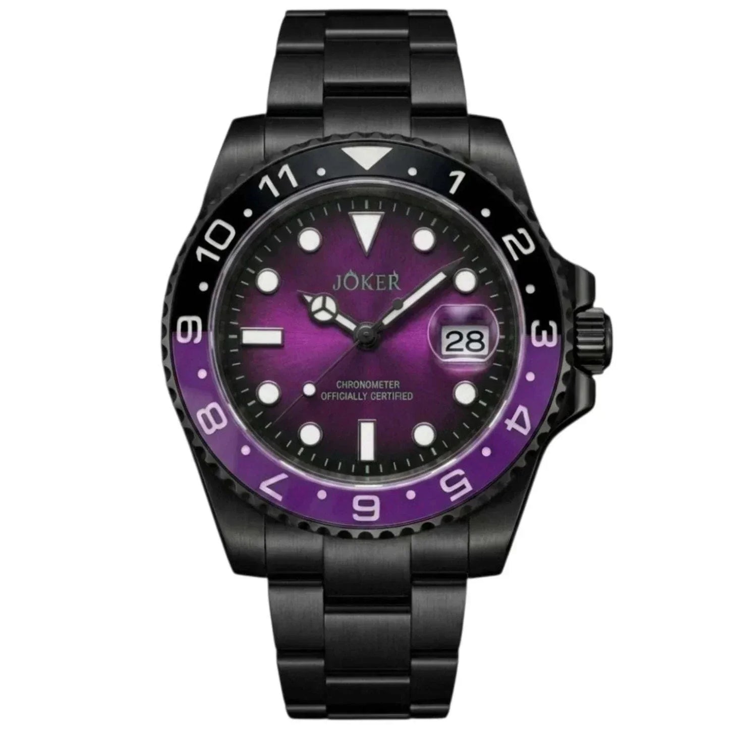 Seiko Mod Submariner purple and black Joker-themed diver watch with sapphire crystal and NH35 automatic movement