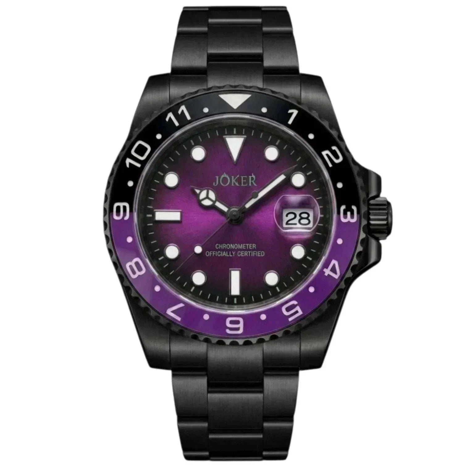 Seiko Mod Submariner purple and black Joker-themed diver watch with sapphire crystal and NH35 automatic movement