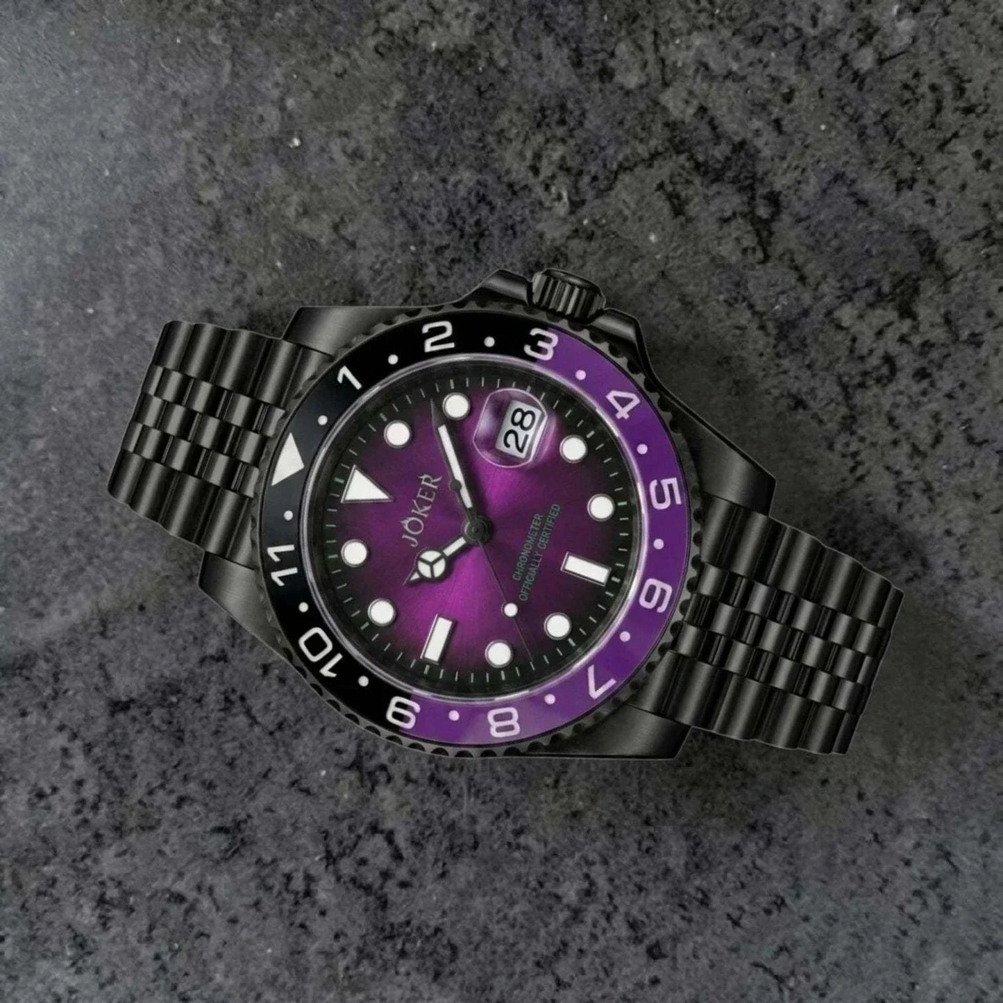Seiko Mod Submariner purple and black Joker-themed diver watch with sapphire crystal and NH35 automatic movement