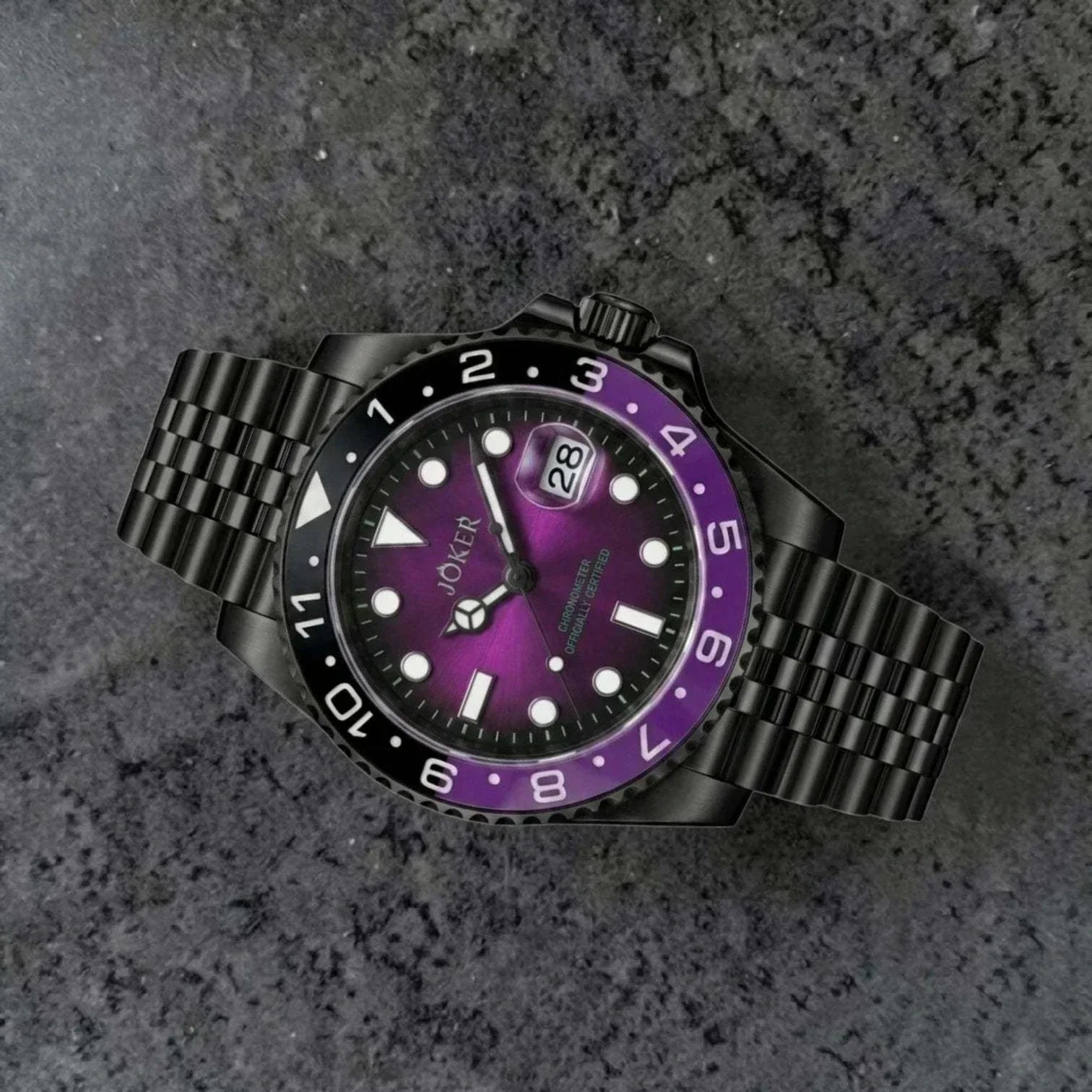 Seiko Mod Submariner purple and black Joker-themed diver watch with sapphire crystal and NH35 automatic movement