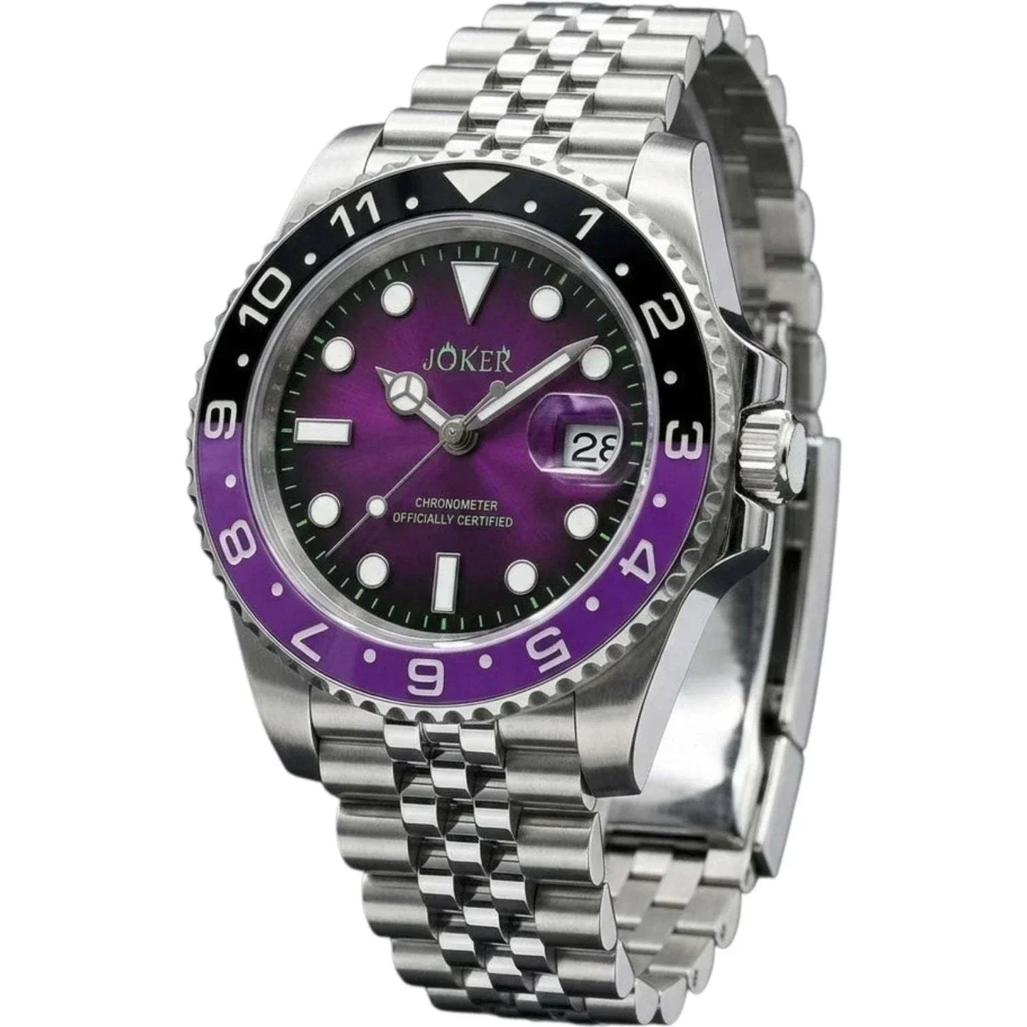Seiko Mod Submariner purple and black Joker-themed diver watch with sapphire crystal and NH35 automatic movement at modtime creations
