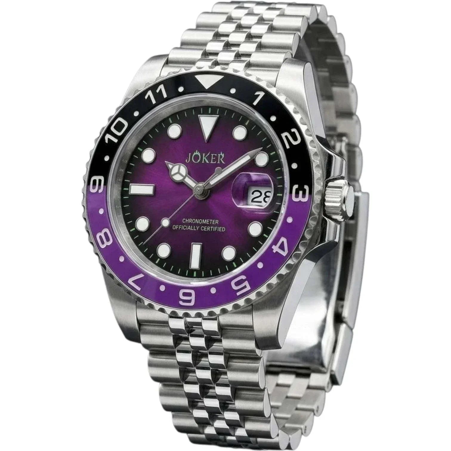 Seiko Mod Submariner purple and black Joker-themed diver watch with sapphire crystal and NH35 automatic movement at modtime creations