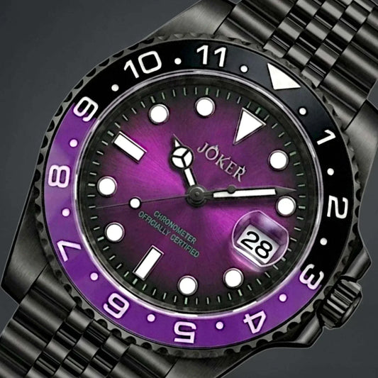 Seiko Mod Submariner purple and black Joker-themed diver watch with sapphire crystal and NH35 automatic movement