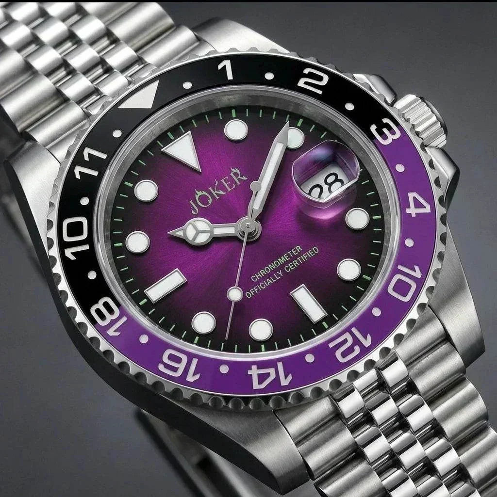 Seiko Mod Submariner purple and black Joker-themed diver watch with sapphire crystal and NH35 automatic movement at modtime creations