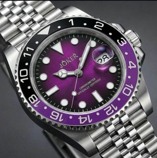 Seiko Mod Submariner purple and black Joker-themed diver watch with sapphire crystal and NH35 automatic movement at modtime creations