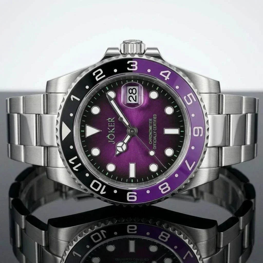 Seiko Mod Submariner purple and black Joker-themed diver watch with sapphire crystal and NH35 automatic movement at modtime creations