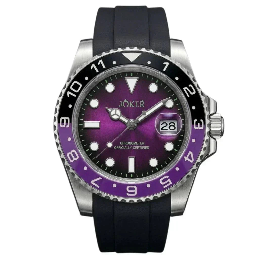 Seiko Mod Submariner purple and black Joker-themed diver watch with sapphire crystal and NH35 automatic movement at modtime creations