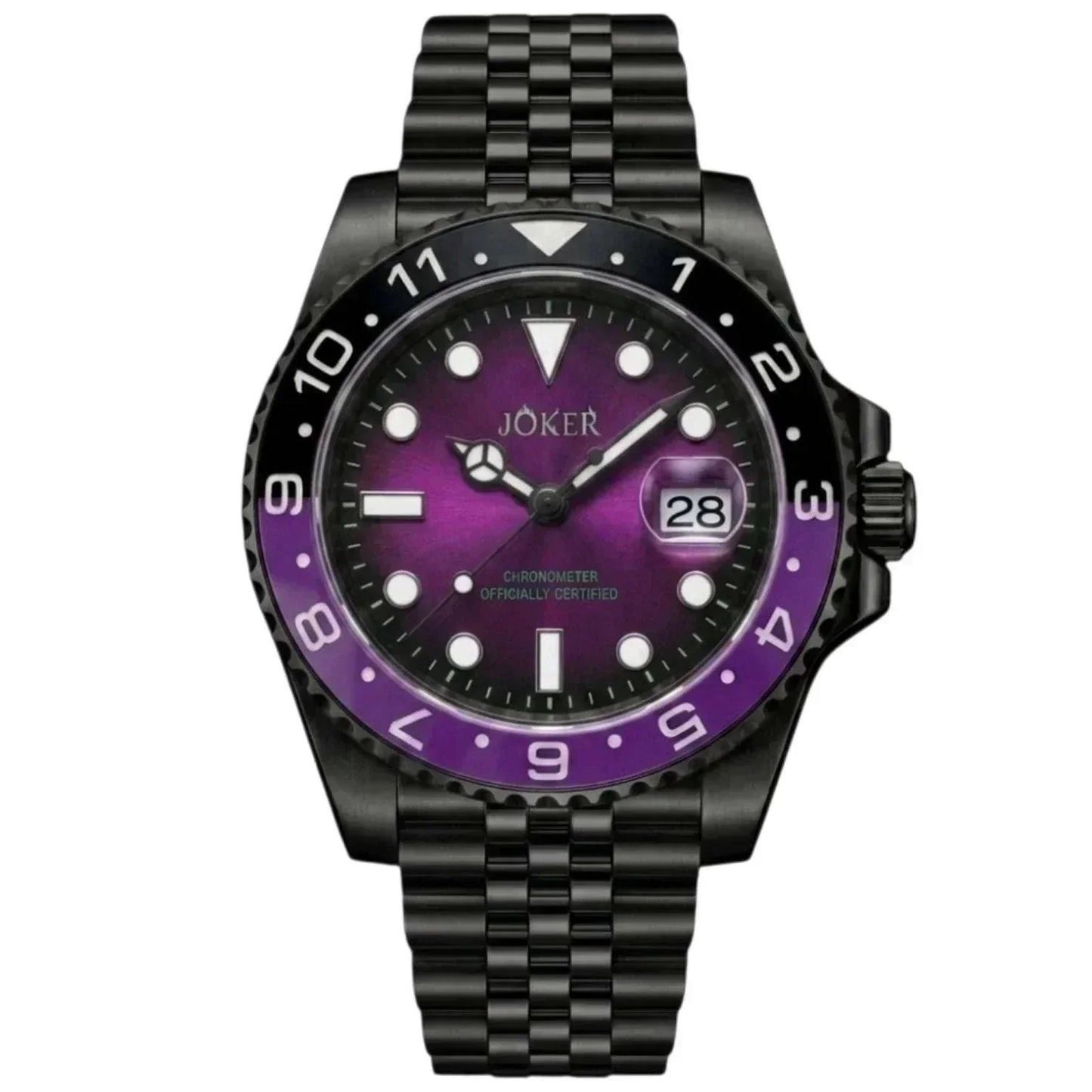 Seiko Mod Submariner purple and black Joker-themed diver watch with sapphire crystal and NH35 automatic movement