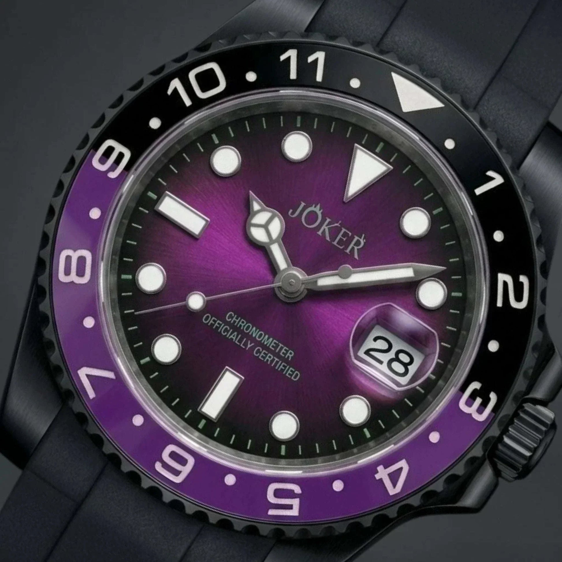 Seiko Mod Submariner purple and black Joker-themed diver watch with sapphire crystal and NH35 automatic movement