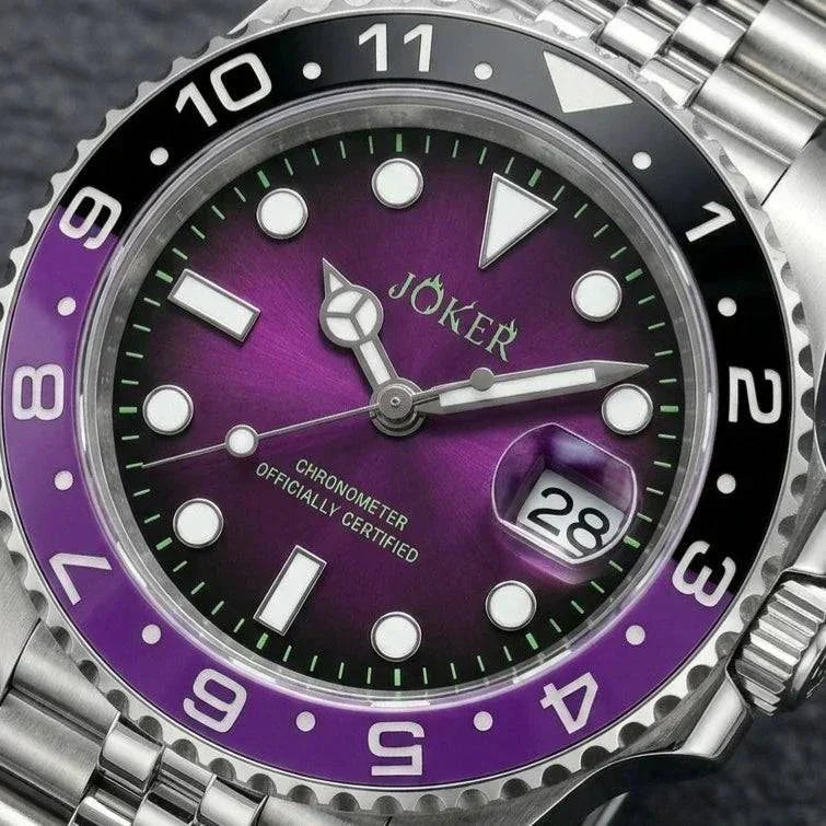 Seiko Mod Submariner purple and black Joker-themed diver watch with sapphire crystal and NH35 automatic movement at modtime creations