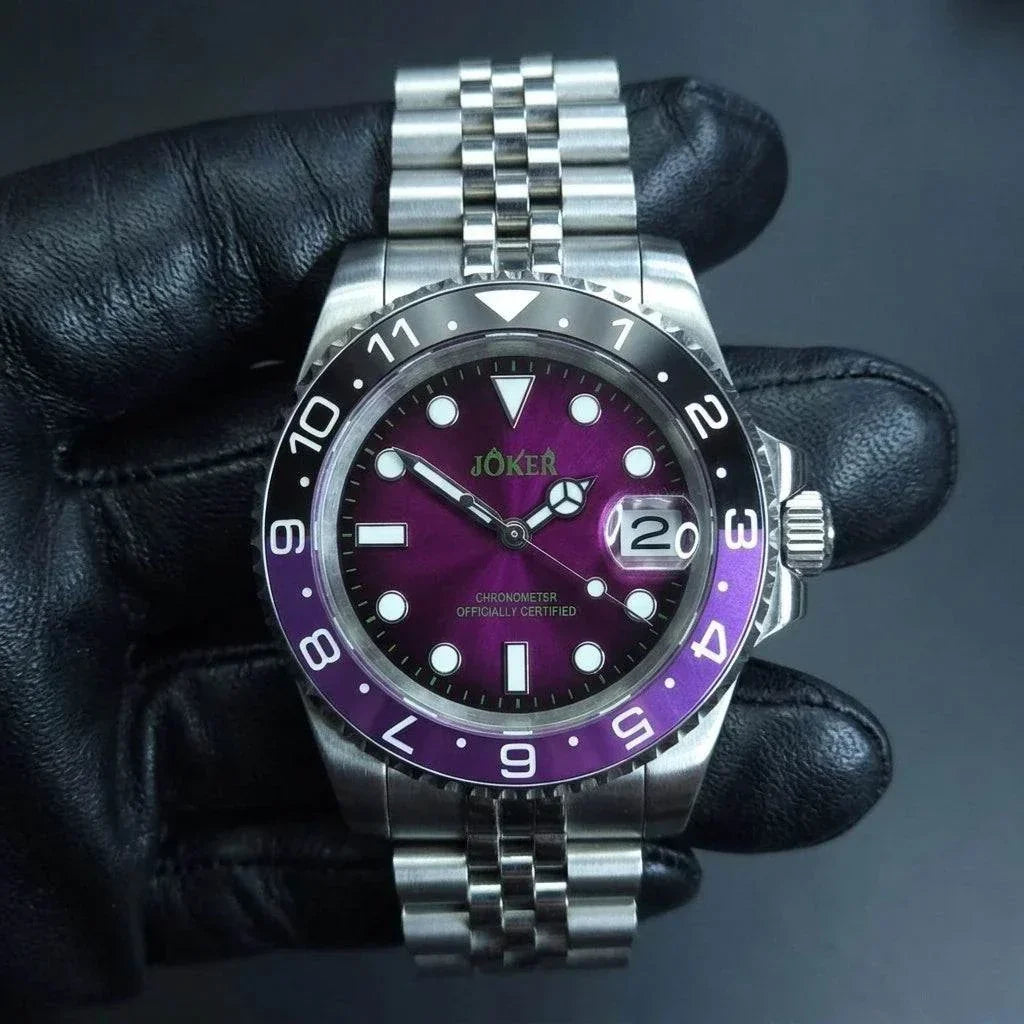 Seiko Mod Submariner purple and black Joker-themed diver watch with sapphire crystal and NH35 automatic movement at modtime creations