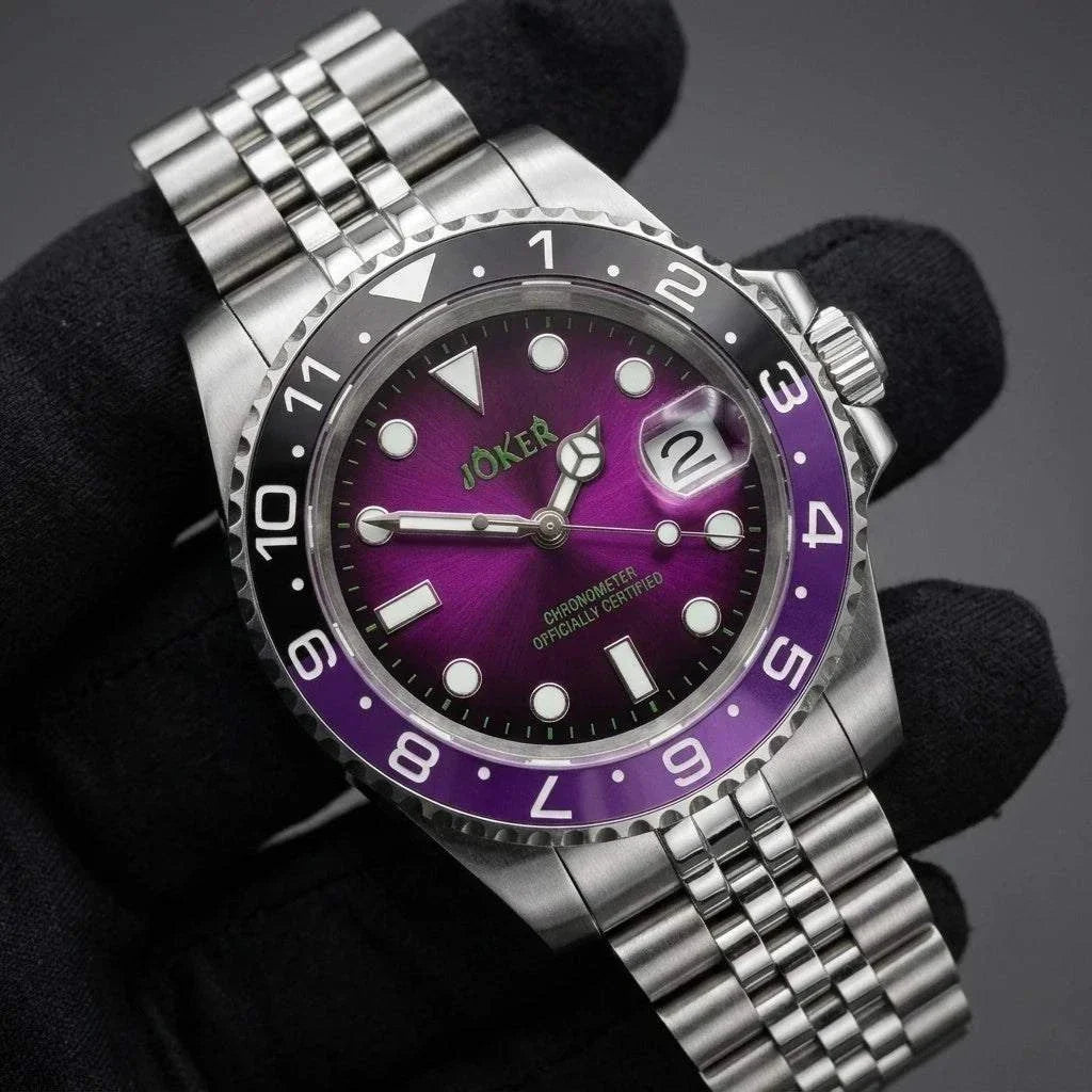 Seiko Mod Submariner purple and black Joker-themed diver watch with sapphire crystal and NH35 automatic movement at modtime creations