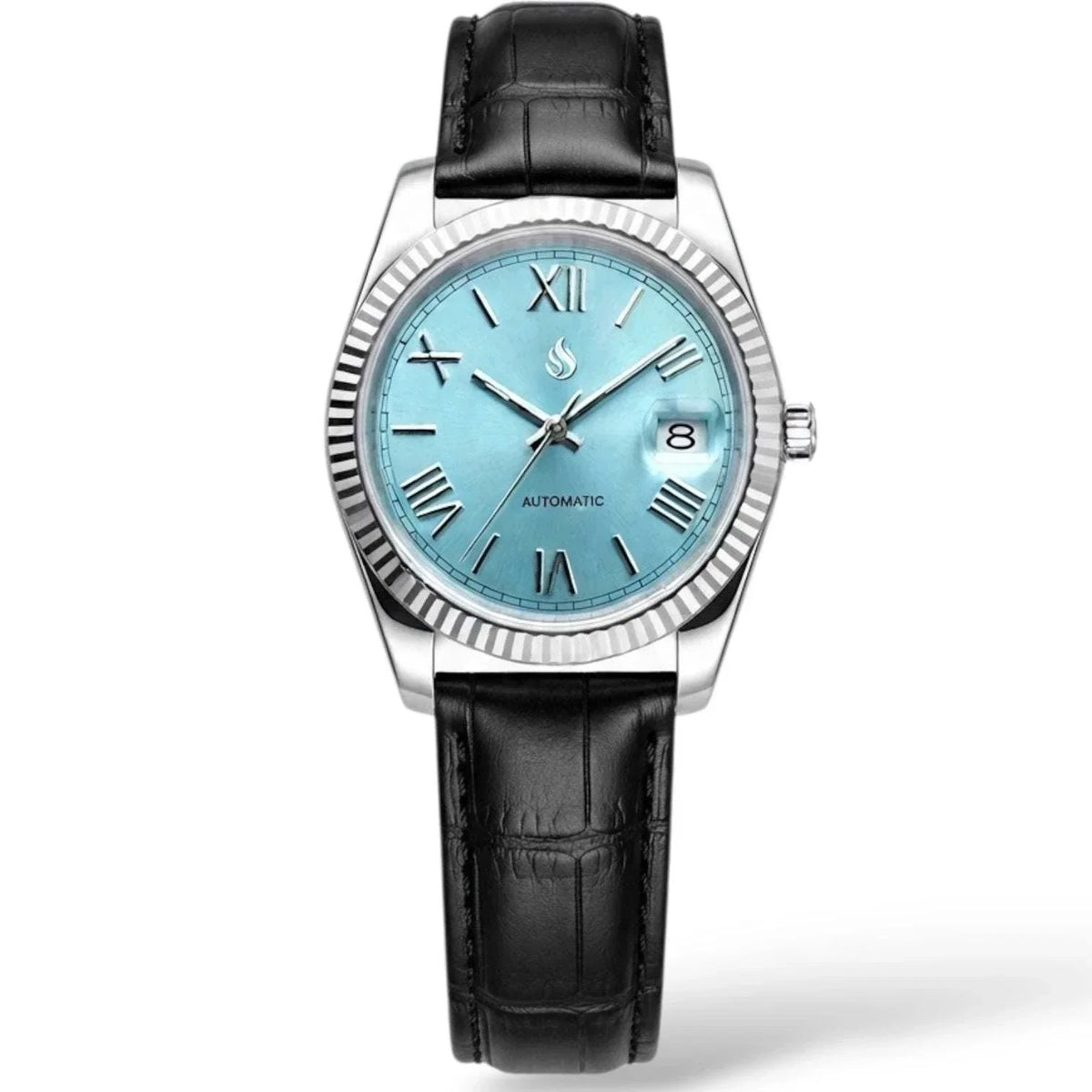 Seiko Mod Watch Datejust Tiffany Blue Dial with Roman Numeral Indices in a silver case and black leather bracelet built by Modtime Creations 