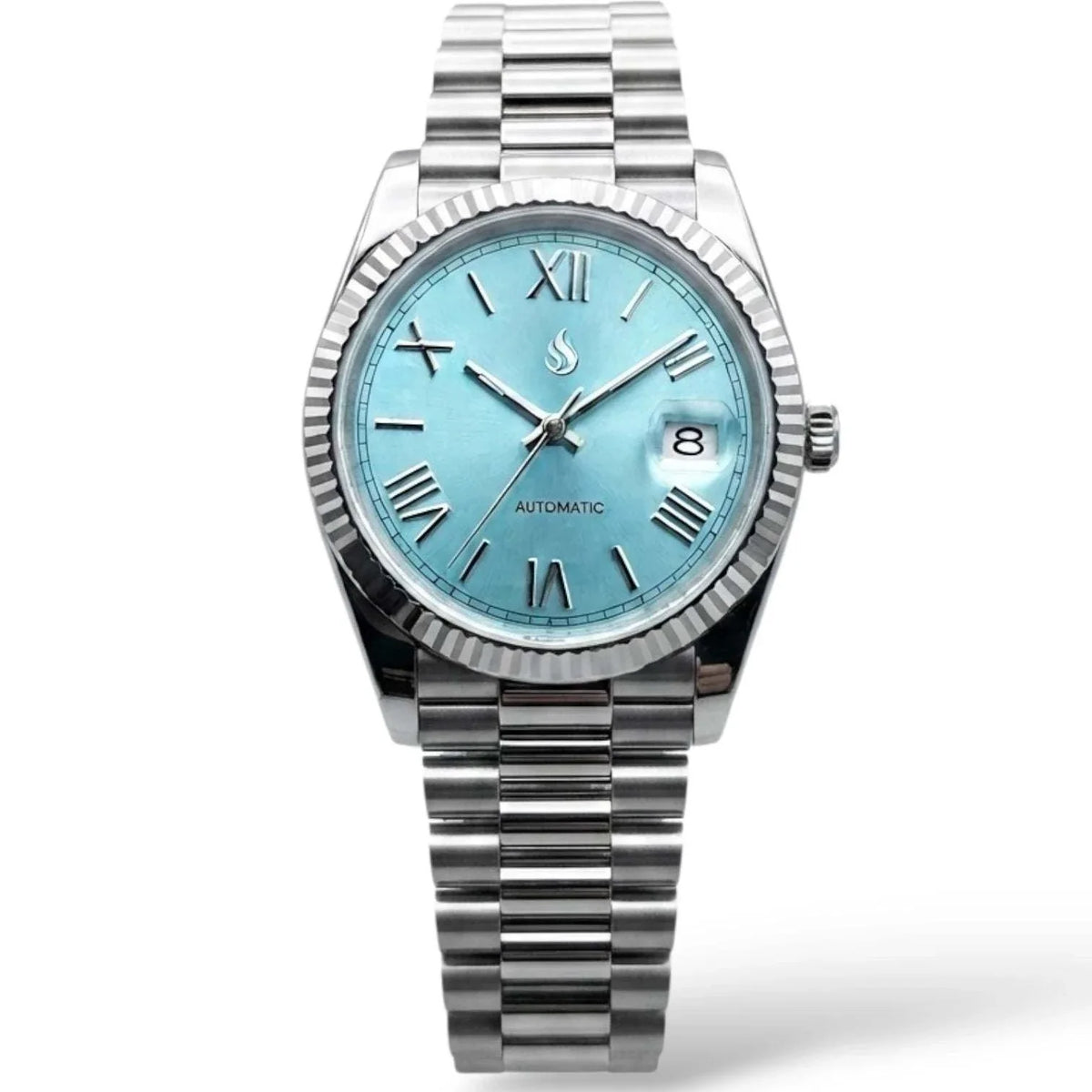 Seiko Mod Watch Datejust Tiffany Blue Dial with Roman Numeral Indices in a silver case and bracelet built by Modtime Creations 
