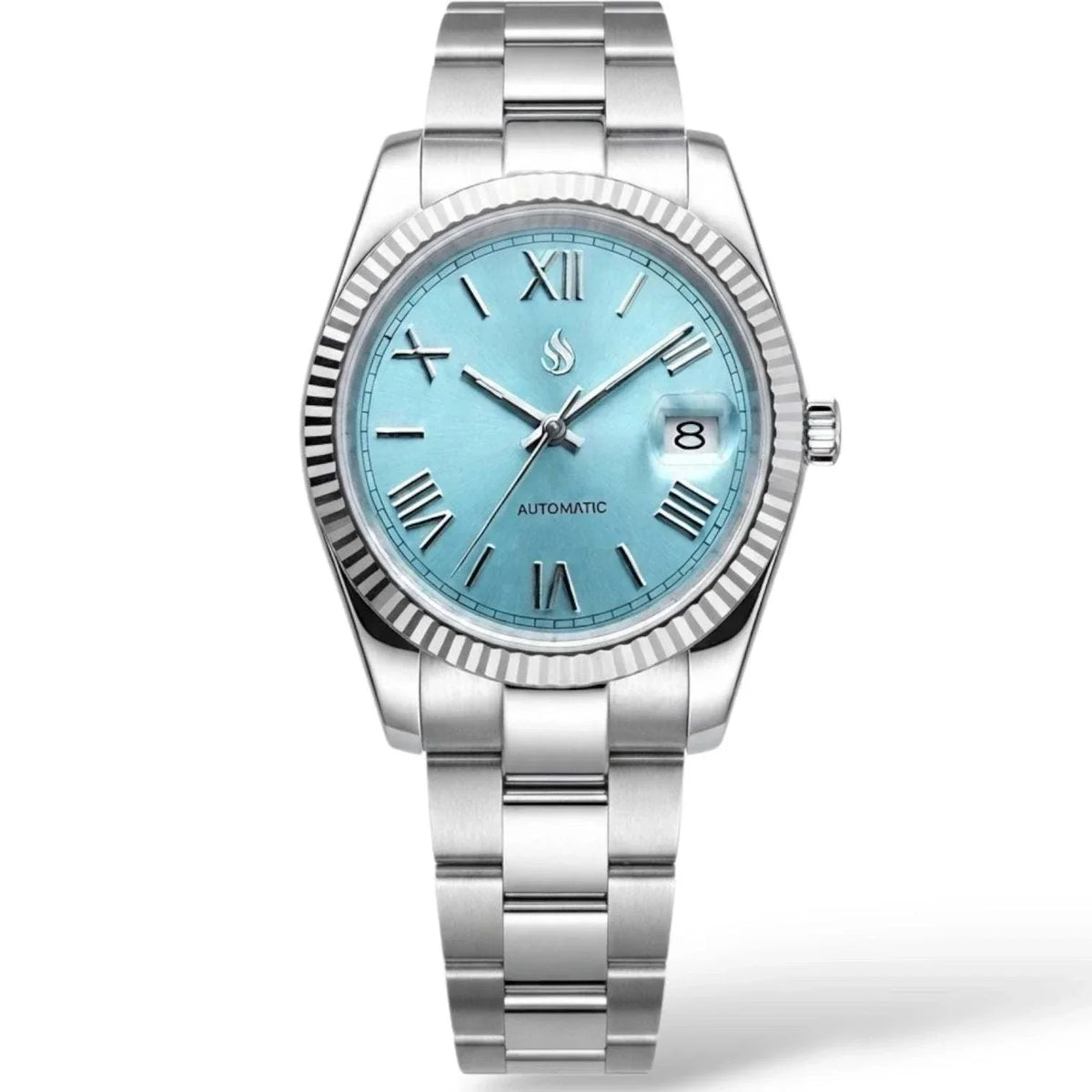 Seiko Mod Watch Datejust Tiffany Blue Dial with Roman Numeral Indices in a silver case and bracelet built by Modtime Creations 