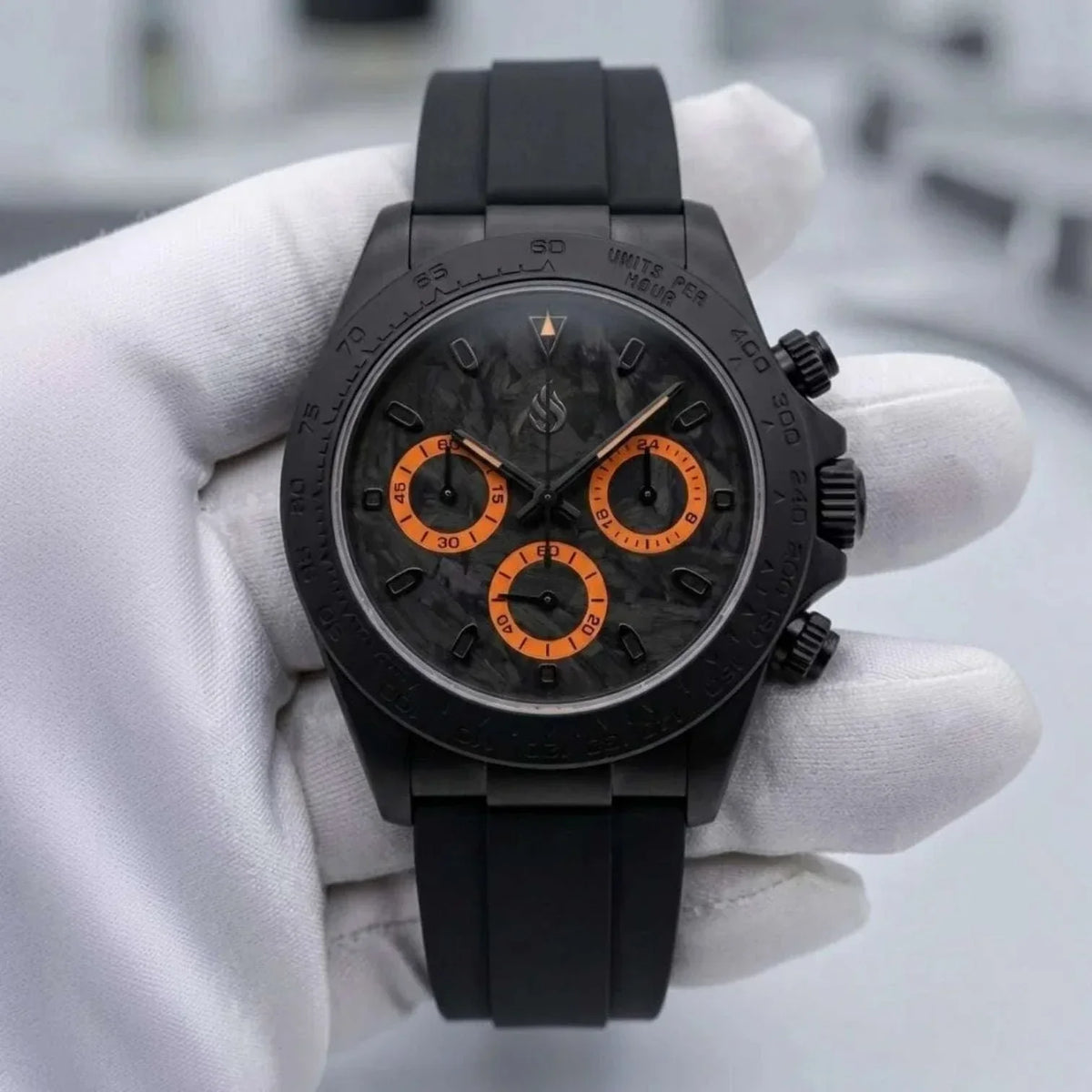 Seiko Mod Watch Daytona Carbon Fiber Black Orange Stealth built by Modtime creations