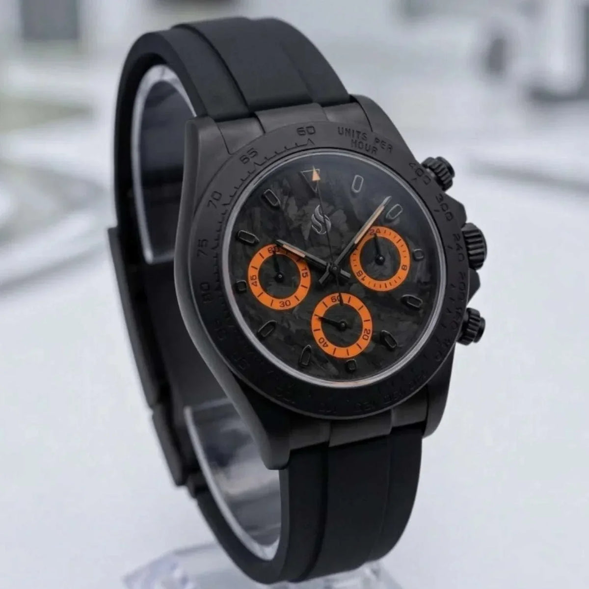 Seiko Mod Watches Daytona Carbon Fiber Black Orange Stealth Dial built by Modtime Creations