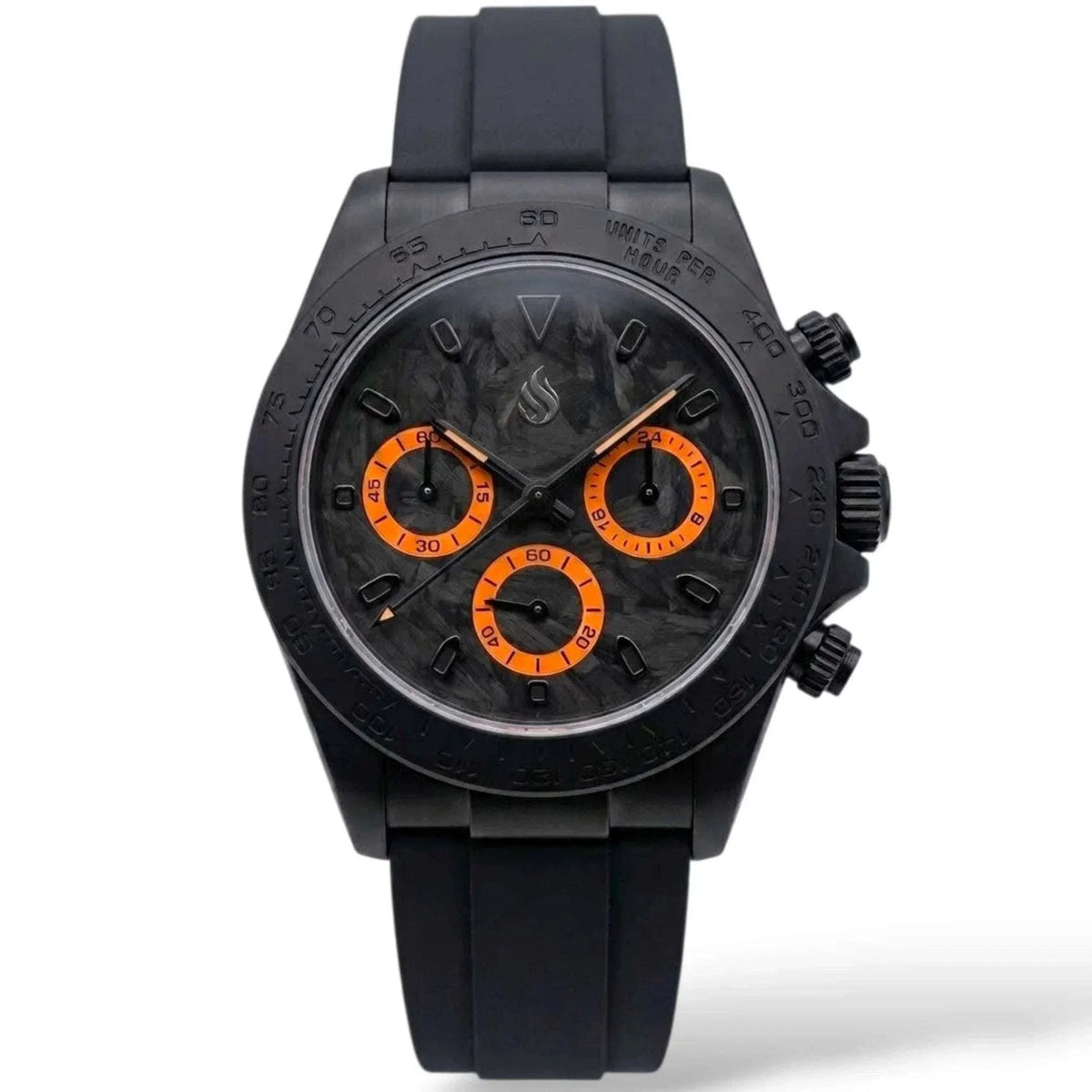 Seiko Mod Watches Daytona Carbon Fiber Black Orange Stealth Dial built by Modtime Creations