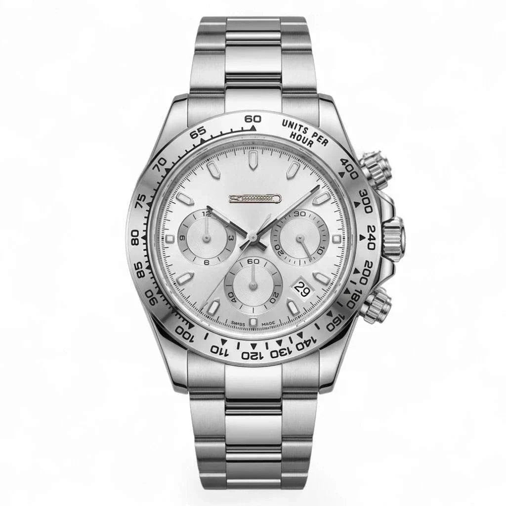 Seiko Mod Watch Daytona Silver white dial in a 40 mm Silver Stainless steel case built by Modtime Creations