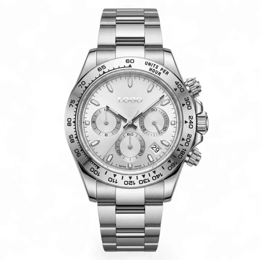 Seiko Mod Watch Daytona Silver white dial in a 40 mm Silver Stainless steel case built by Modtime Creations