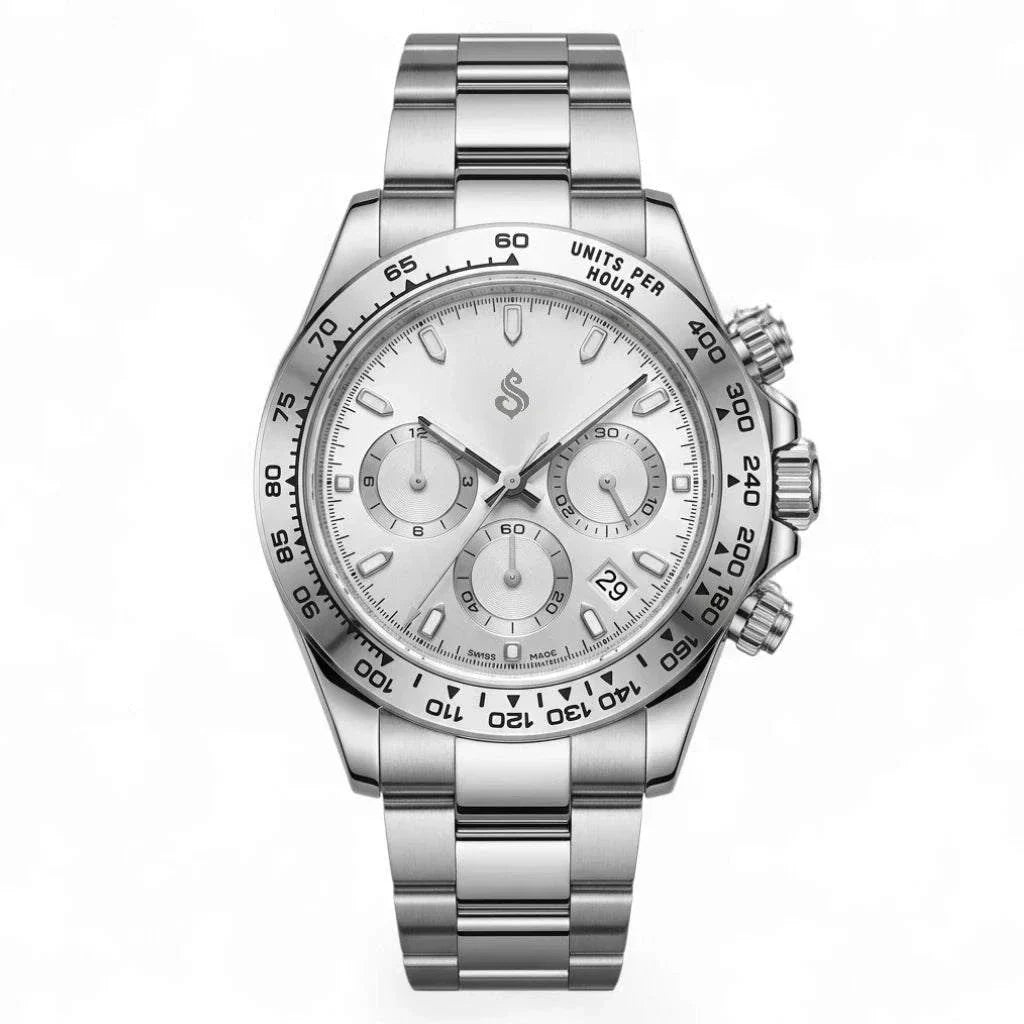 Seiko Mod Watch Daytona Silver white dial in a 40 mm Silver Stainless steel case built by Modtime Creations