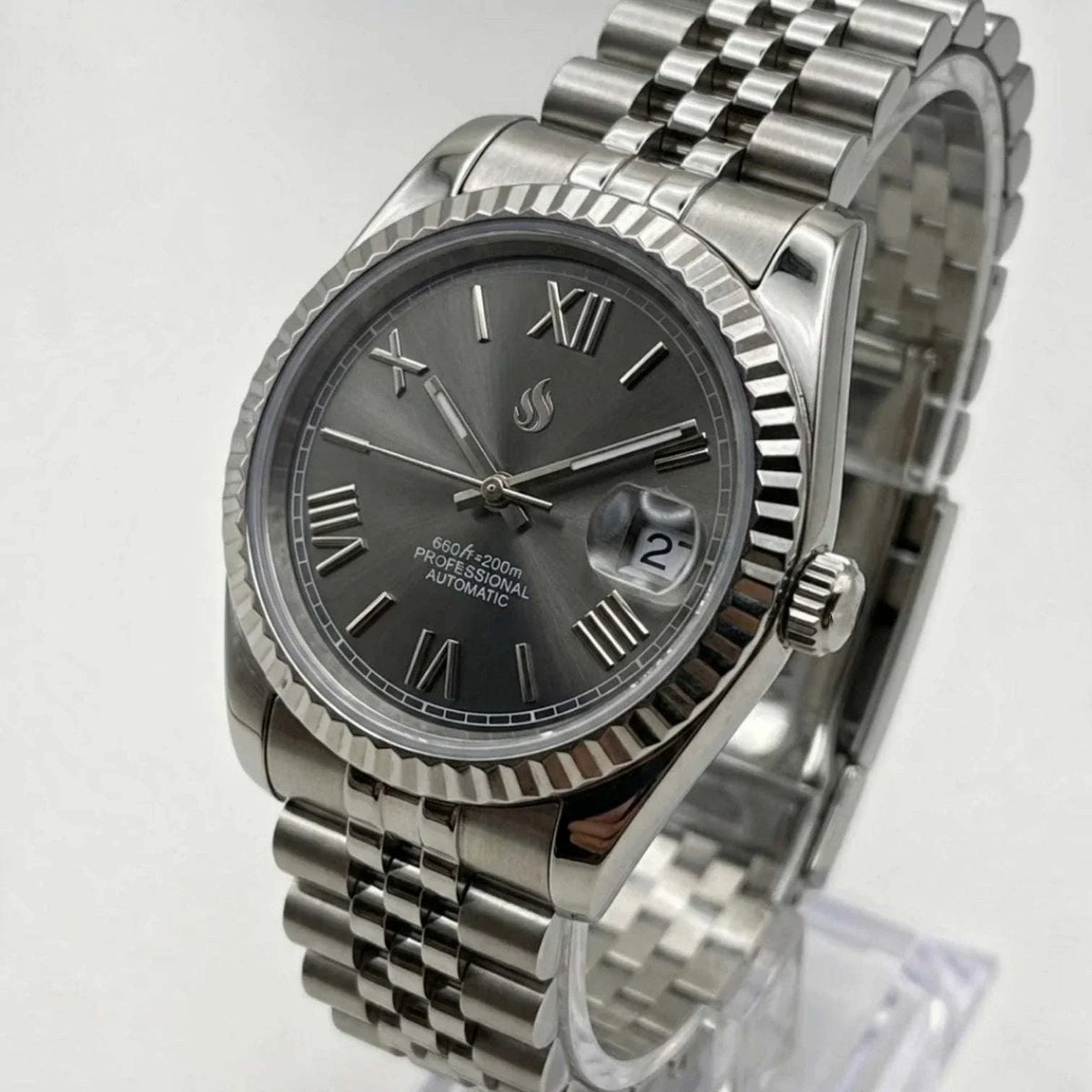 Seiko Mod Watches Datejust Dark Grey Sunburst Dial with Roman Numerals built by Modtime Creations 