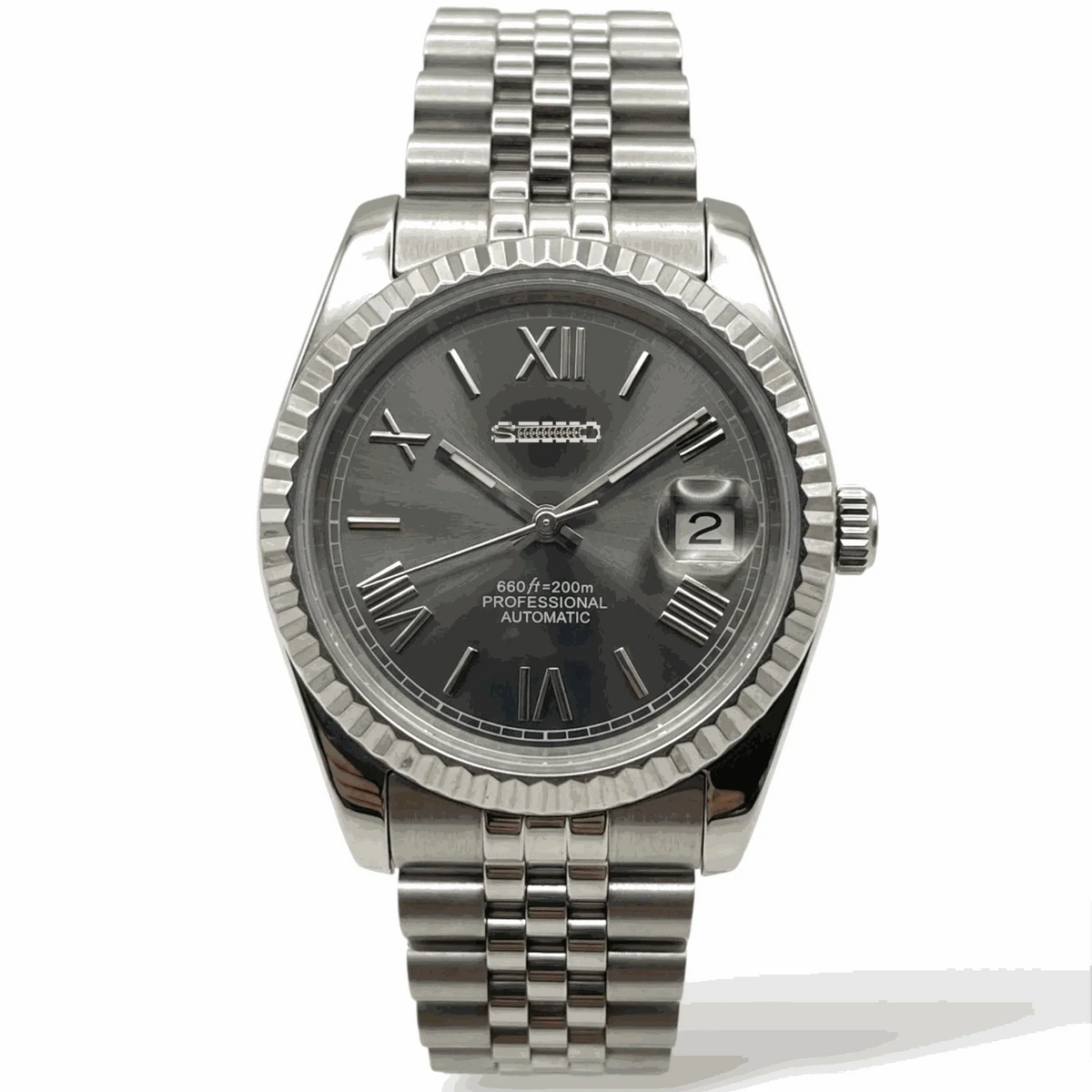 Seiko Mod Watches Datejust Dark Grey Sunburst Dial with Roman Numerals built by Modtime Creations 