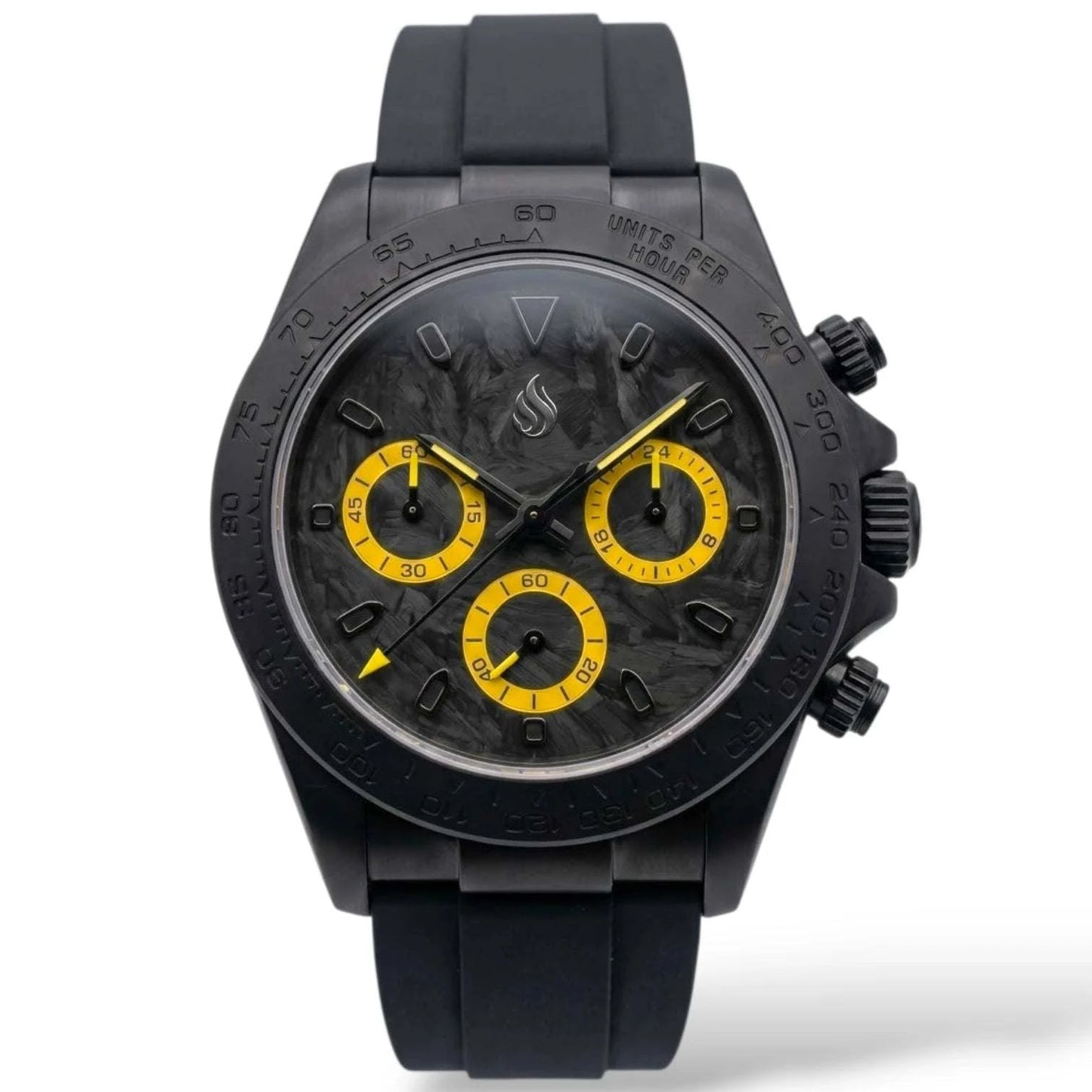 Seiko Mod Watches Daytona Black Yellow Carbon Fiber with a black matte finish case built by Modtime Creations