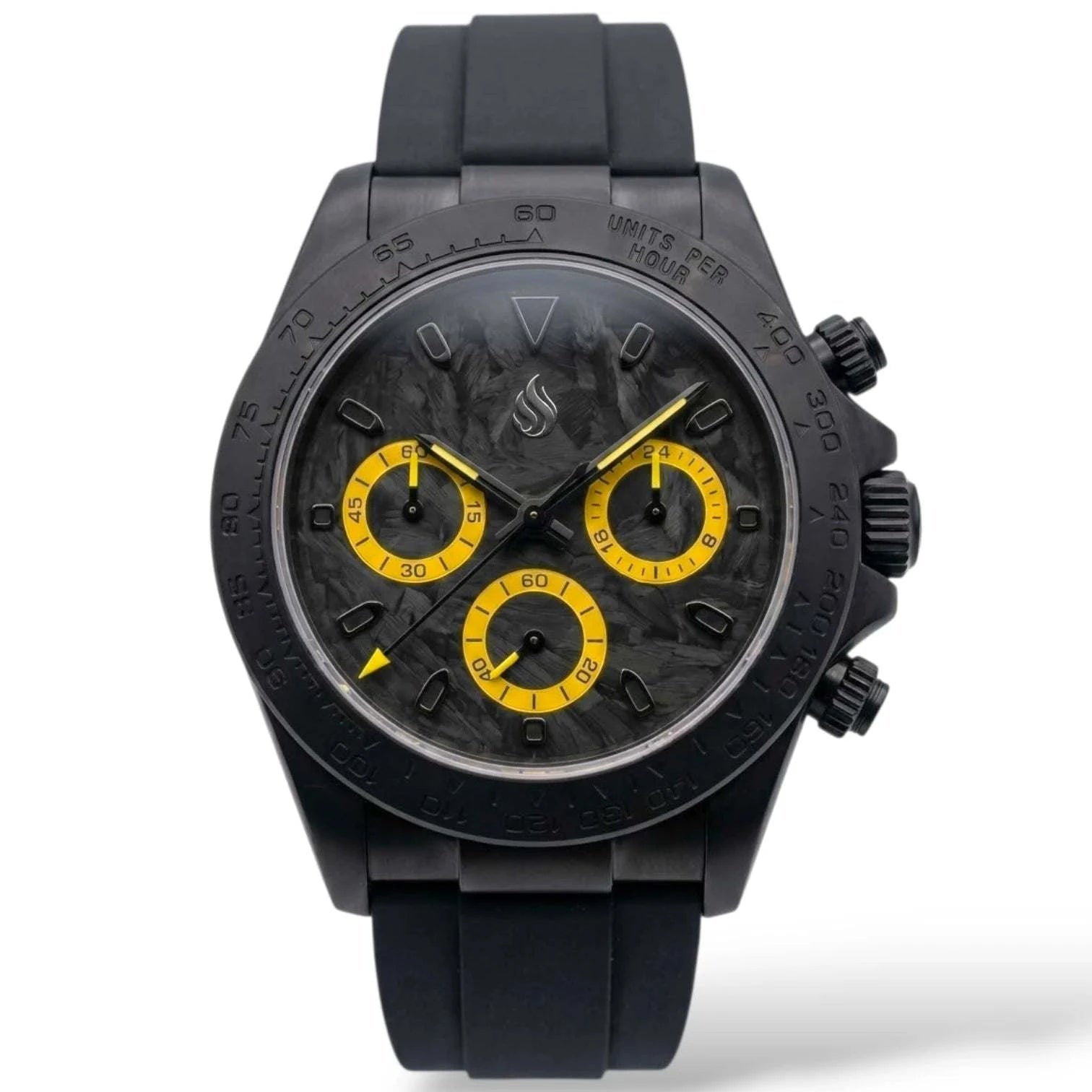 Seiko Mod Watches Daytona Black Yellow Carbon Fiber with a black matte finish case built by Modtime Creations