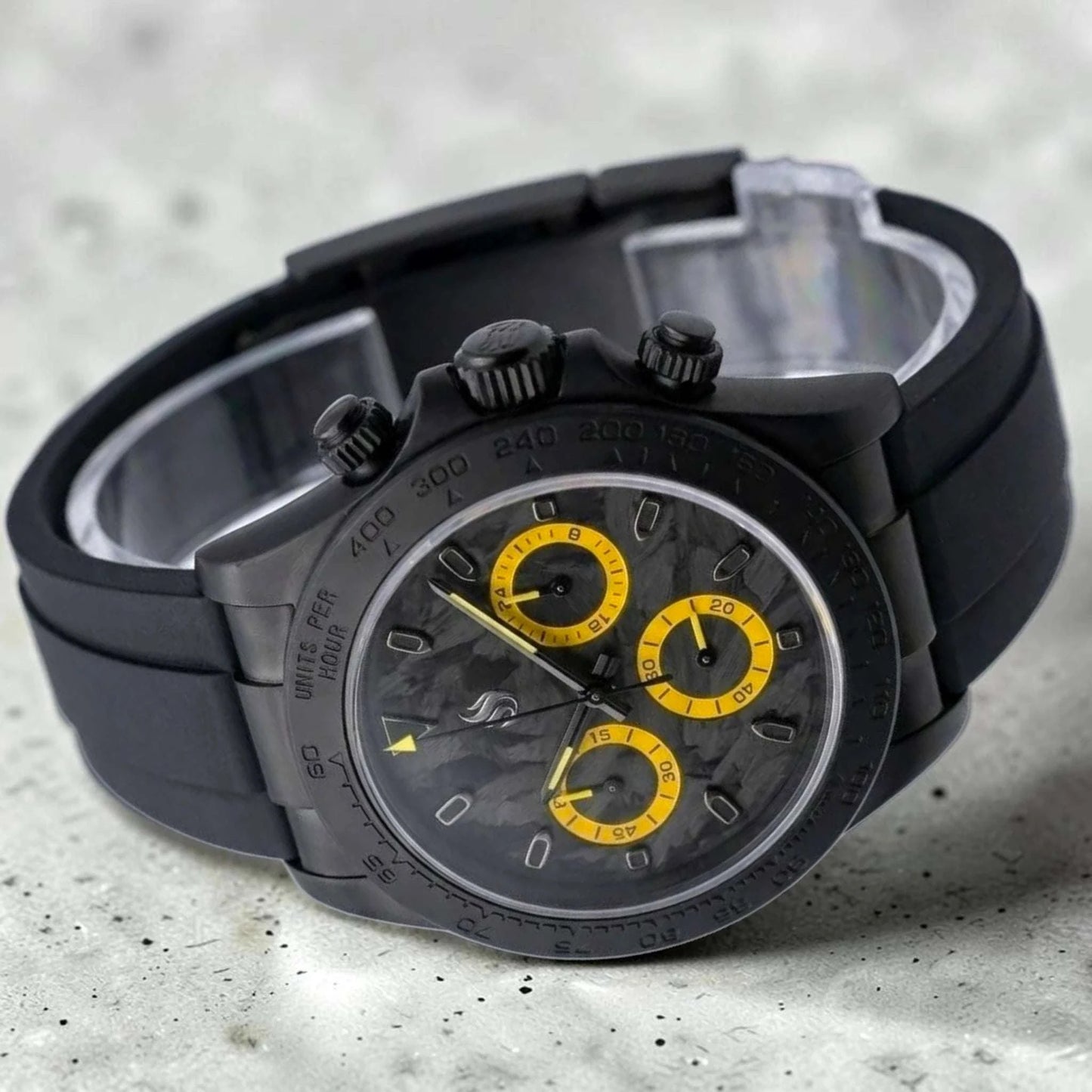 Seiko Mod Watches Daytona Black Yellow Carbon Fiber with a black matte finish case built by Modtime Creations