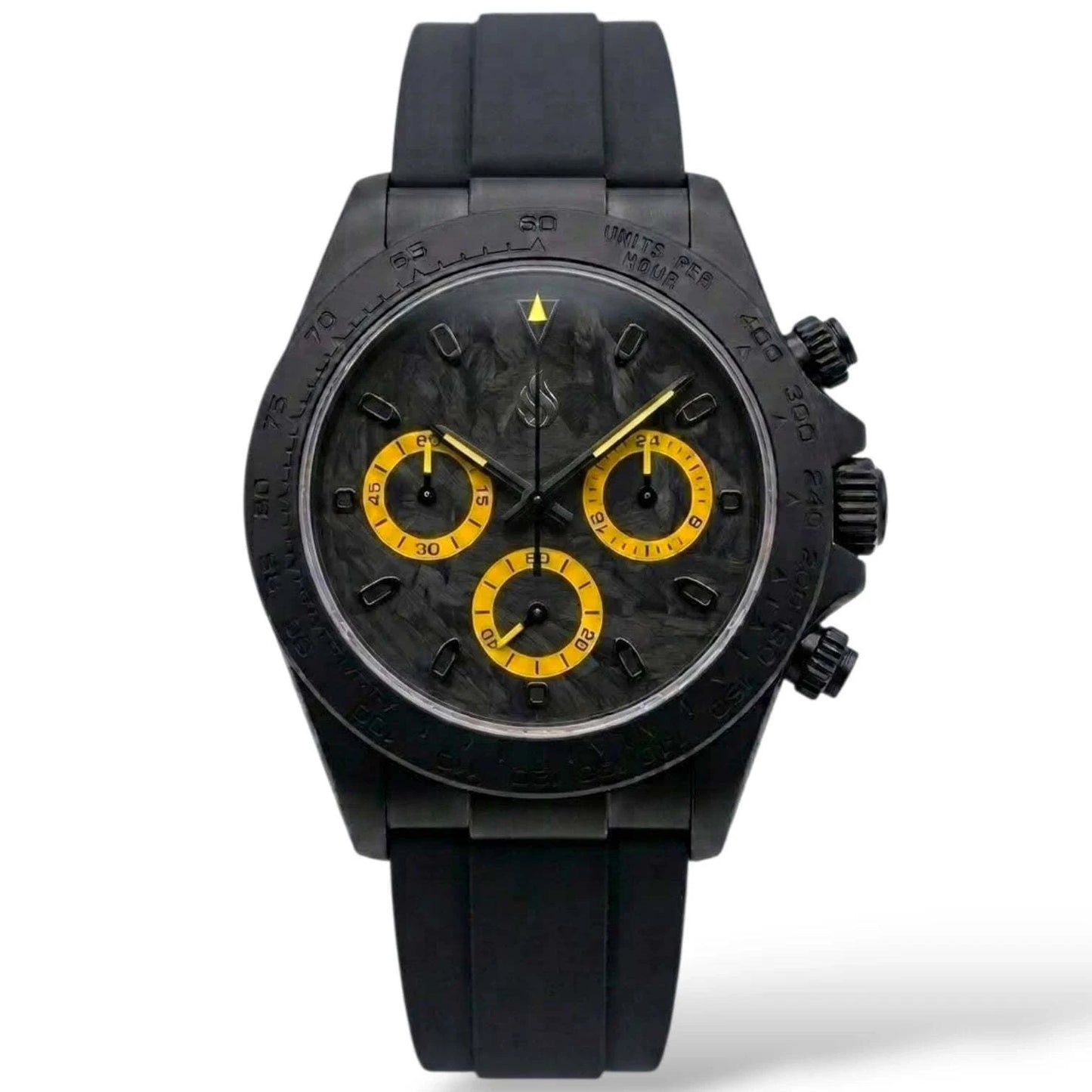 Seiko Mod Watches Daytona Black Yellow Carbon Fiber with a black matte finish case built by Modtime Creations