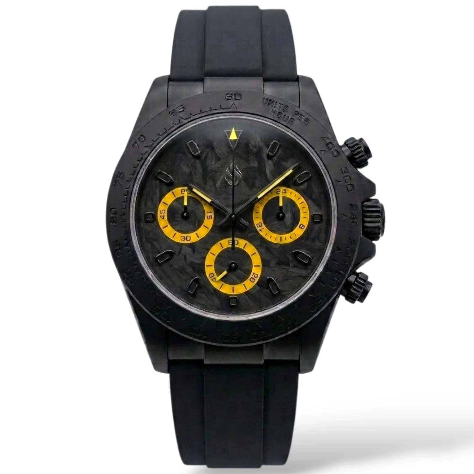 Seiko Mod Watches Daytona Black Yellow Carbon Fiber with a black matte finish case built by Modtime Creations