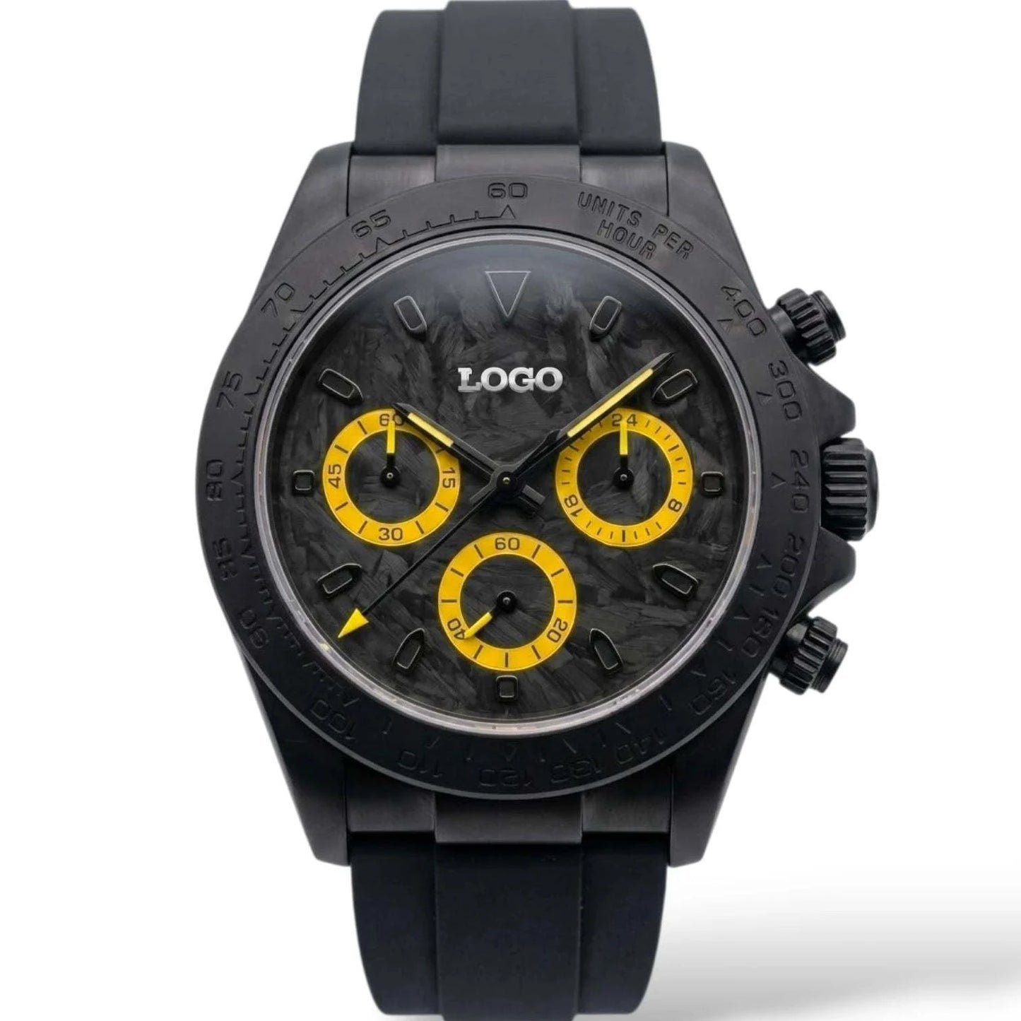 Seiko Mod Watches Daytona Black Yellow Carbon Fiber with a black matte finish case built by Modtime Creations