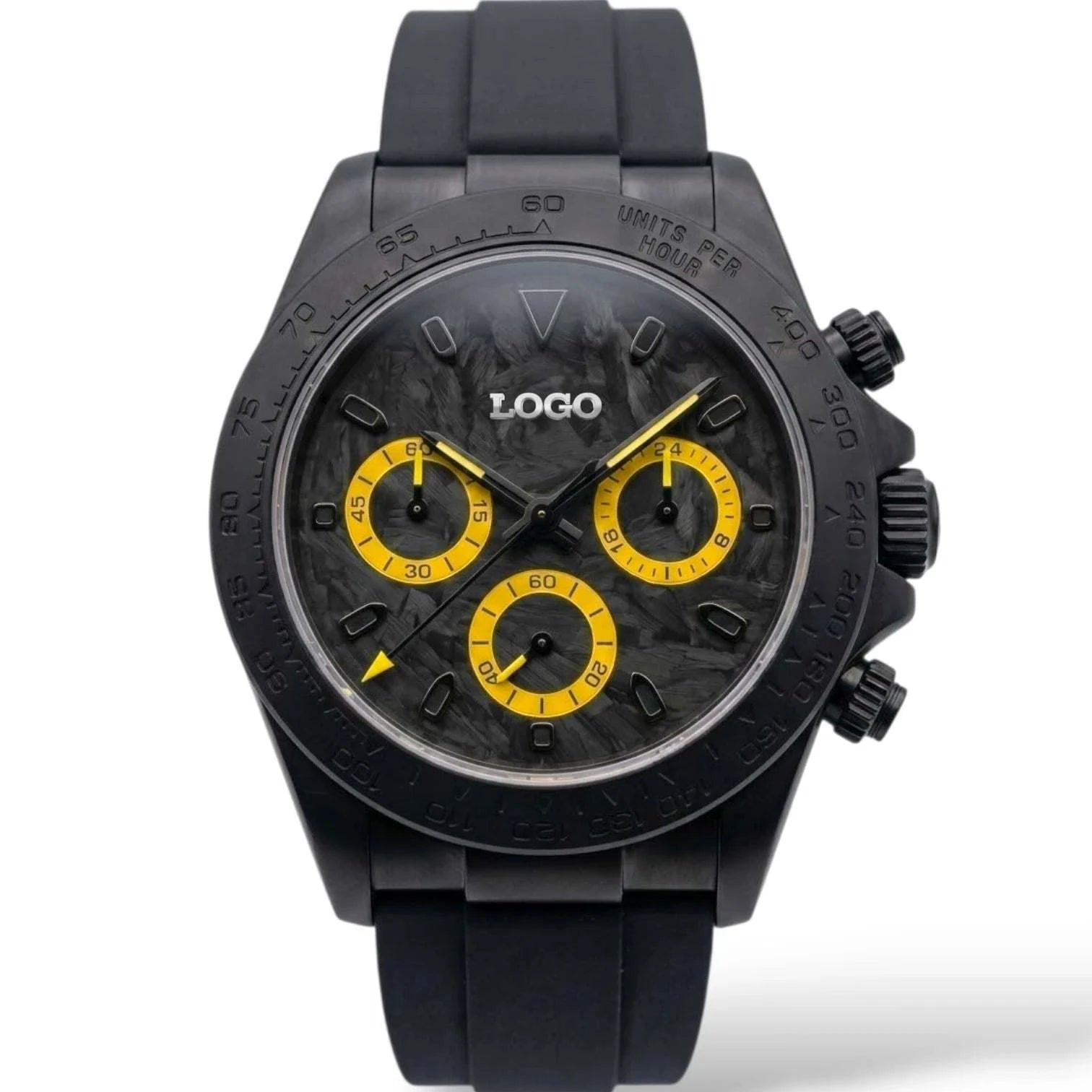 Seiko Mod Watches Daytona Black Yellow Carbon Fiber with a black matte finish case built by Modtime Creations