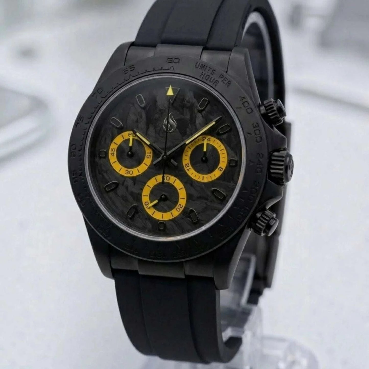 Seiko Mod Watches Daytona Black Yellow Carbon Fiber with a black matte finish case built by Modtime Creations