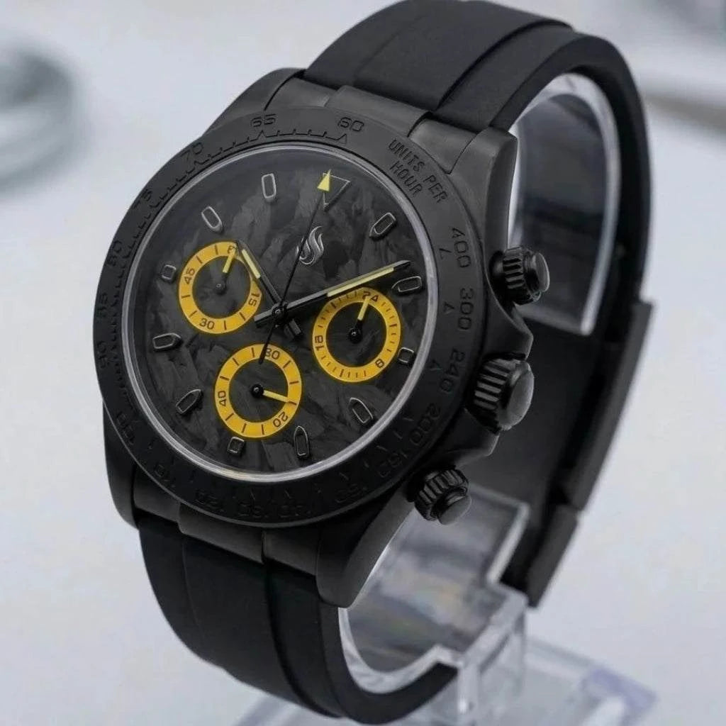 Seiko Mod Watches Daytona Black Yellow Carbon Fiber with a black matte finish case built by Modtime Creations
