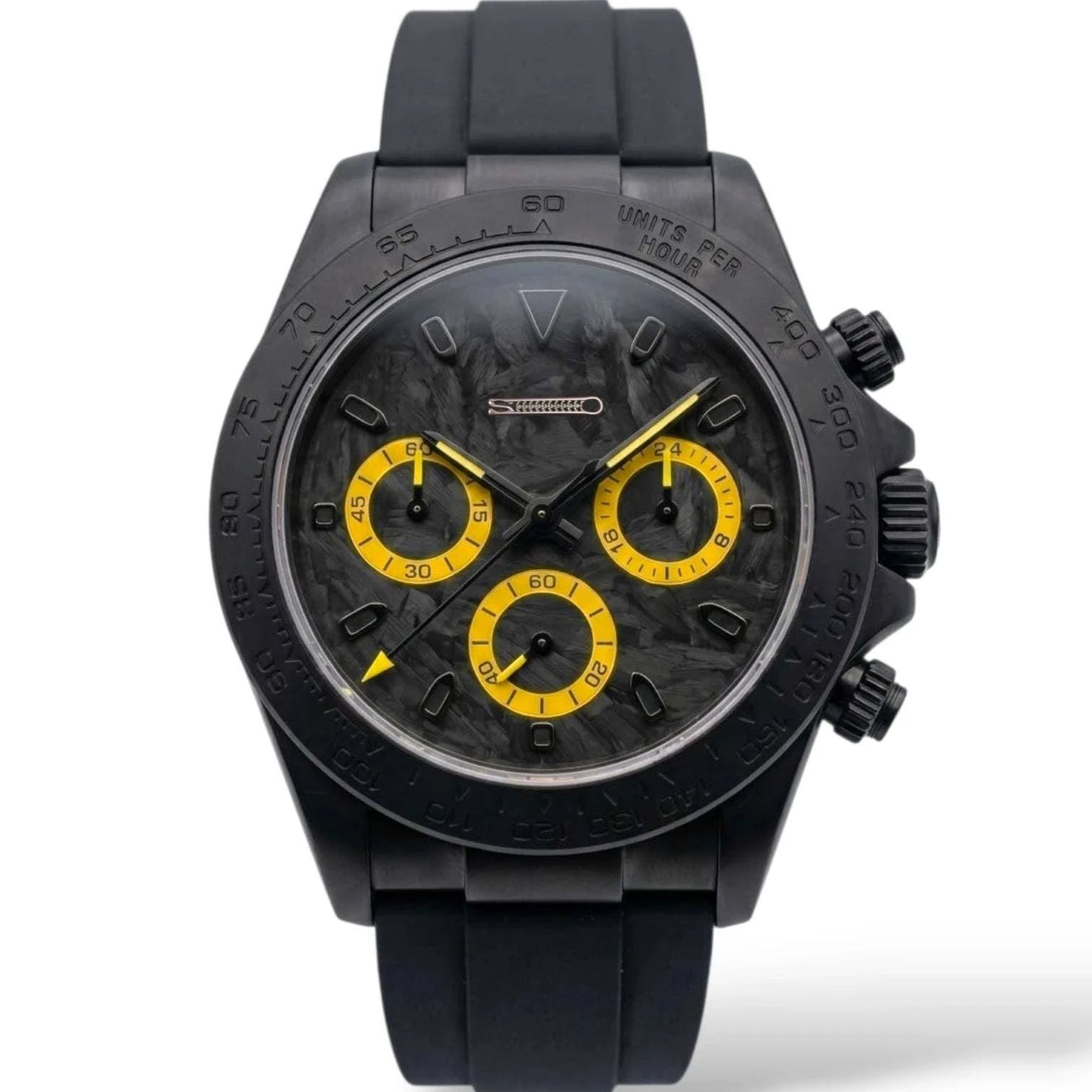 Seiko Mod Watches Daytona Black Yellow Carbon Fiber with a black matte finish case built by Modtime Creations
