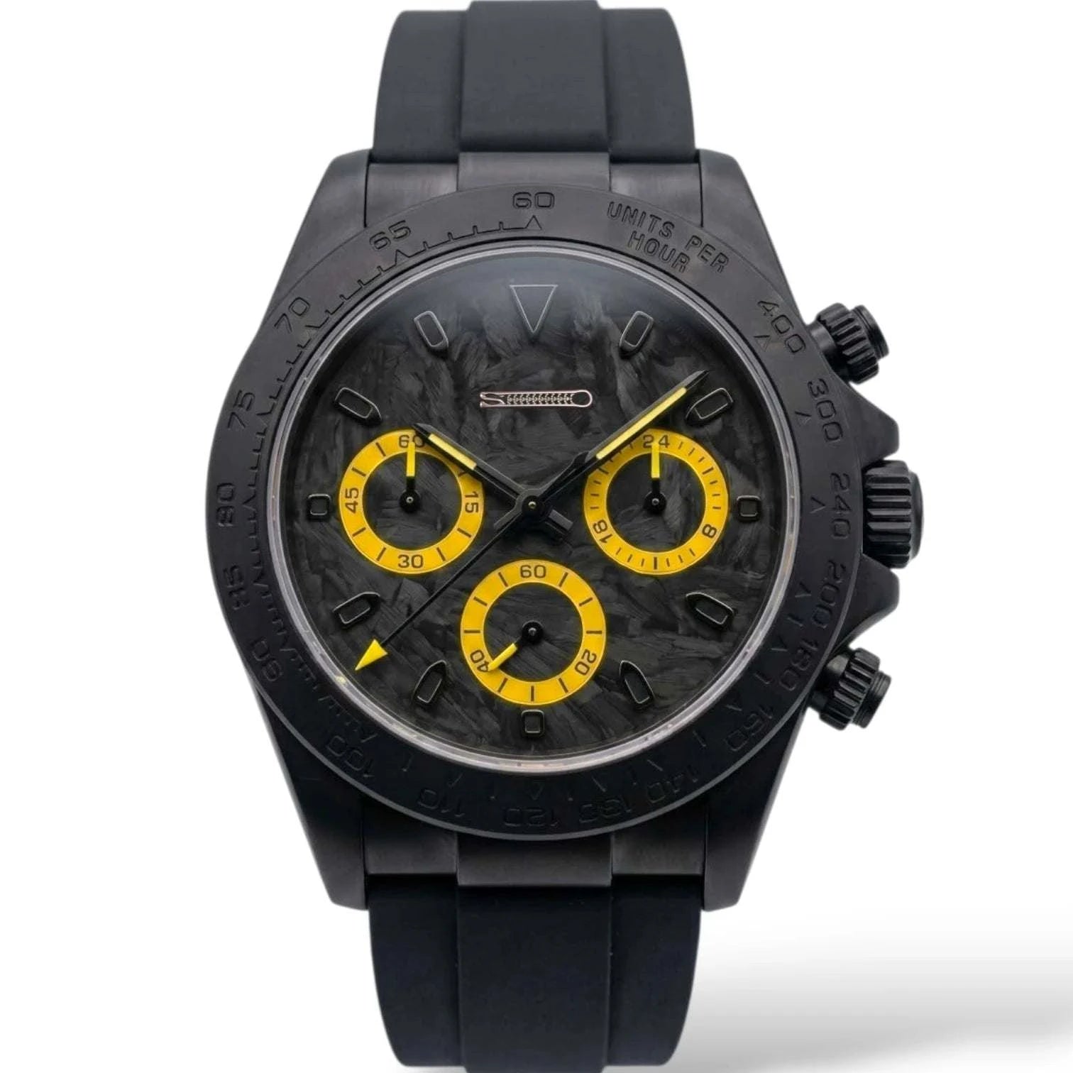 Seiko Mod Watches Daytona Black Yellow Carbon Fiber with a black matte finish case built by Modtime Creations