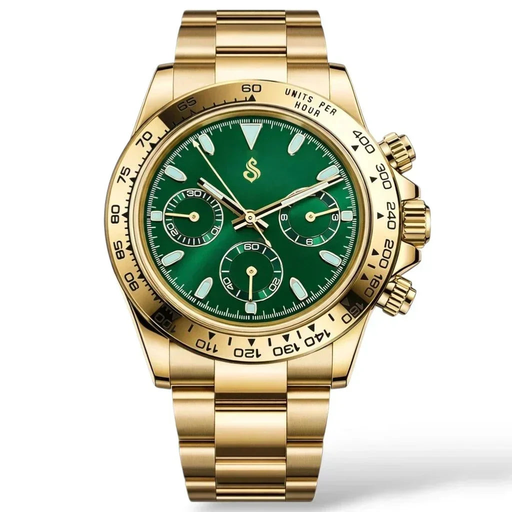 Seiko Mod Watches Daytona Gold Case watch with green dial luxury chronograph at Modtime Creations