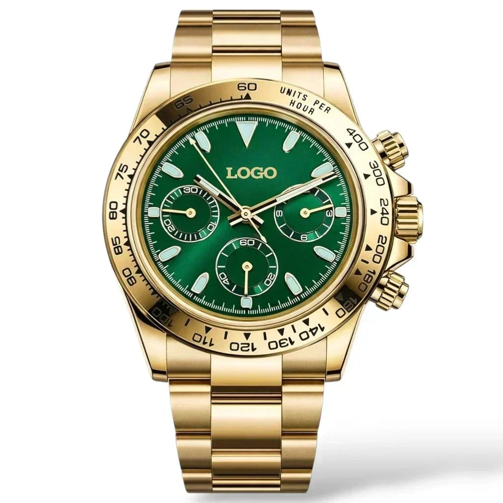 Seiko Mod Watches Daytona Gold Case watch with green dial luxury chronograph at Modtime Creations